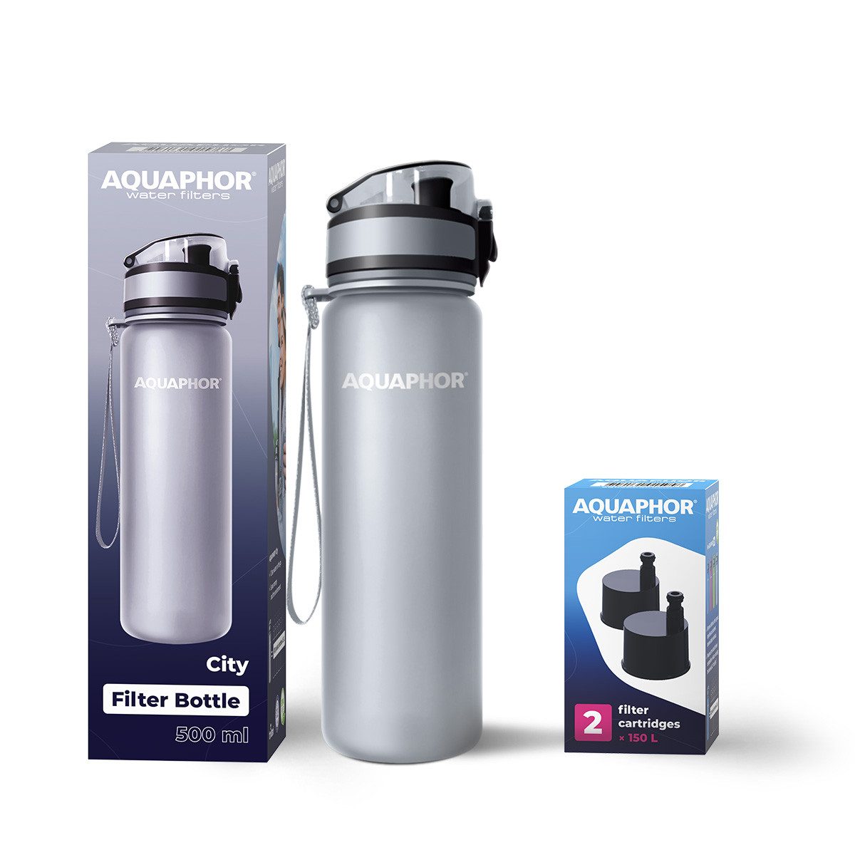 AQUAPHOR Trinkflasche Set Trinkflasche City Wasserfilterflasche 500ml., grau, inkl. Pack 2 Filterpatronen/ Aktivkohle Filter