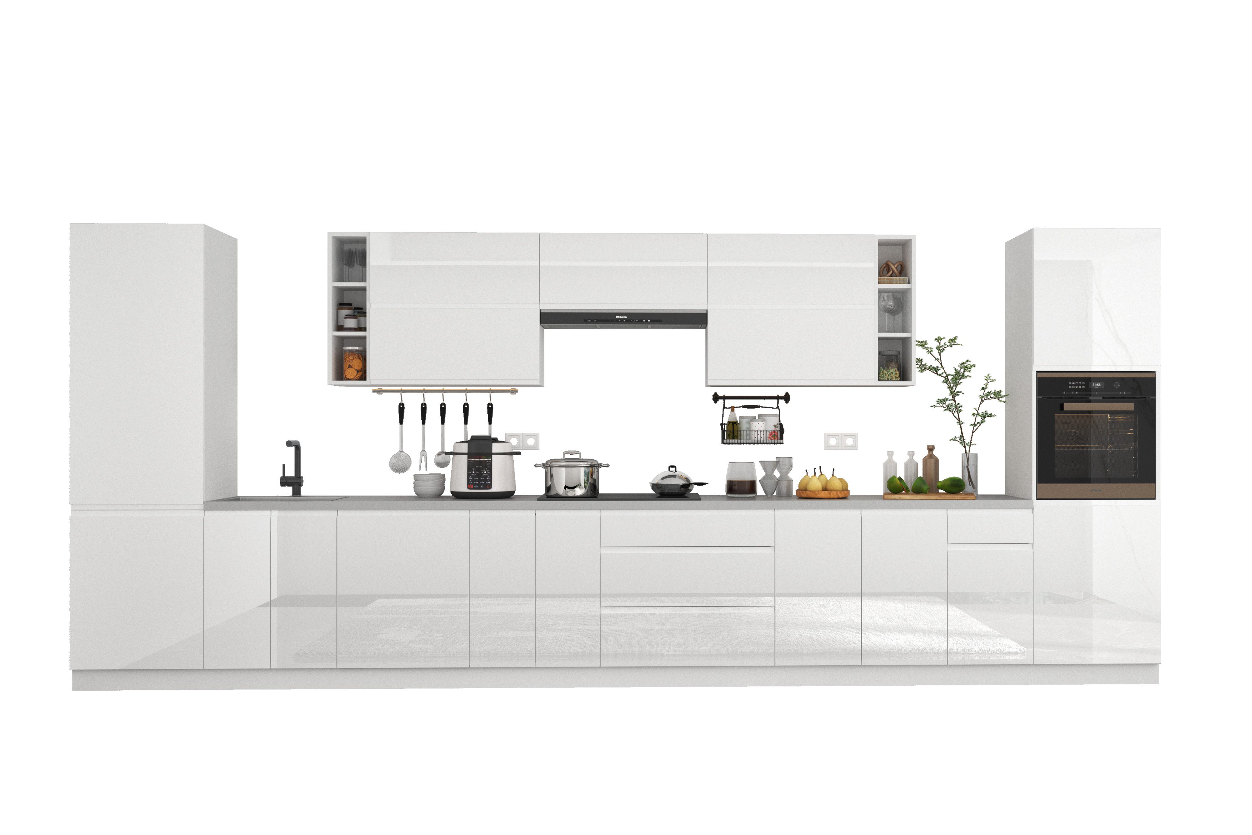 ROYAL24_MARKT Küchenzeile - KA2-M500 - Velmora Grau / Weiß Hochglanz, (Komplett Set), Hochwertig - Modern - Exklusiv