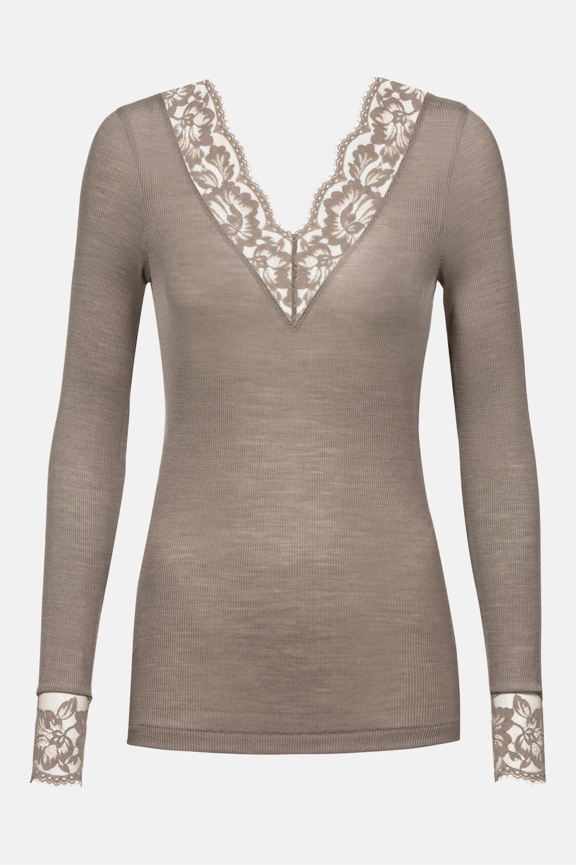 Mey Langarmshirt Mey T-Shirt langarm Serie Wool Love Uni T-Shirt (1-tlg) Longsleeve mit Spitze, feminin & zeitlos, Wolle-Seide-Mix
