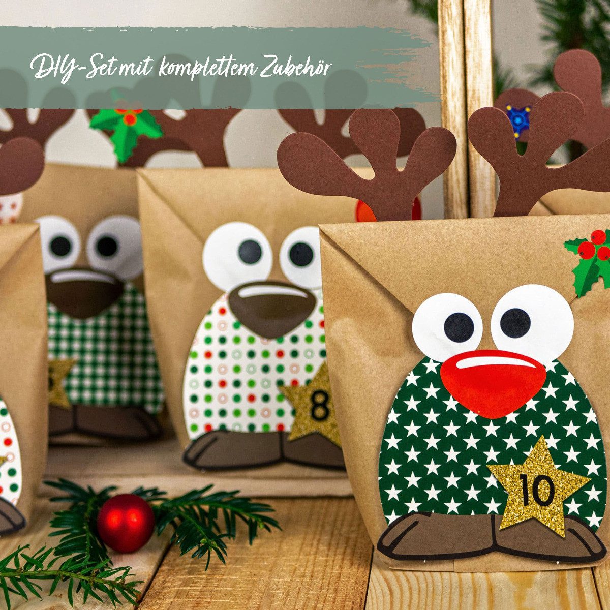 PAPIERDRACHEN DIY-Adventskalender 24 Papiertüten - Motiv Rentiere (24-tlg), 22x14x5cm