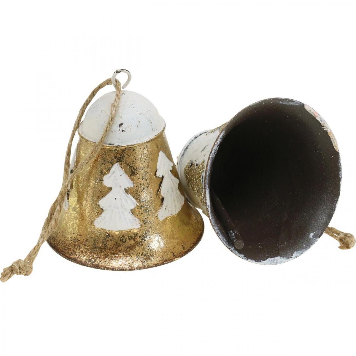 Viana Christbaumschmuck Weihnachtsglocken Vintage Metall Deko Gold Weiß Glöckchen, 2 Stück