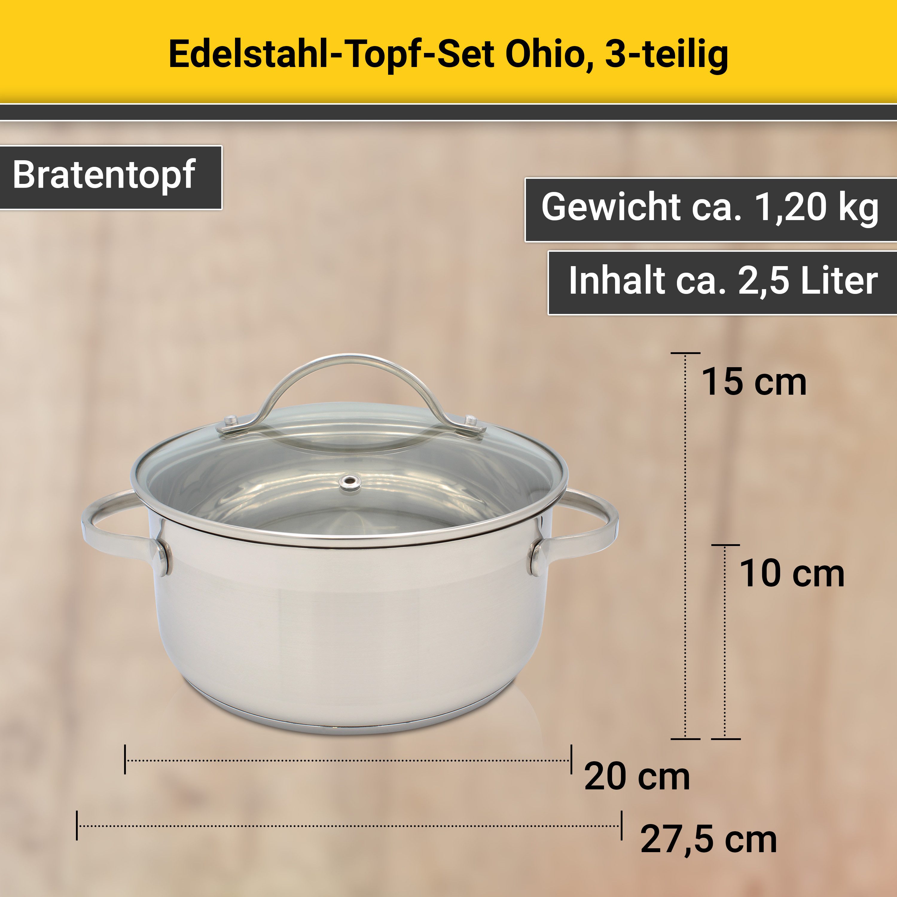 Krüger Topf-Set Ohio, Edelstahl (Set, 5-tlg., 1x Bratentopf Ø 20 cm, 1x Fleischtopf Ø 16 cm, 1x Stieltopf Ø 16 cm), für Induktions-Kochfelder geeignet