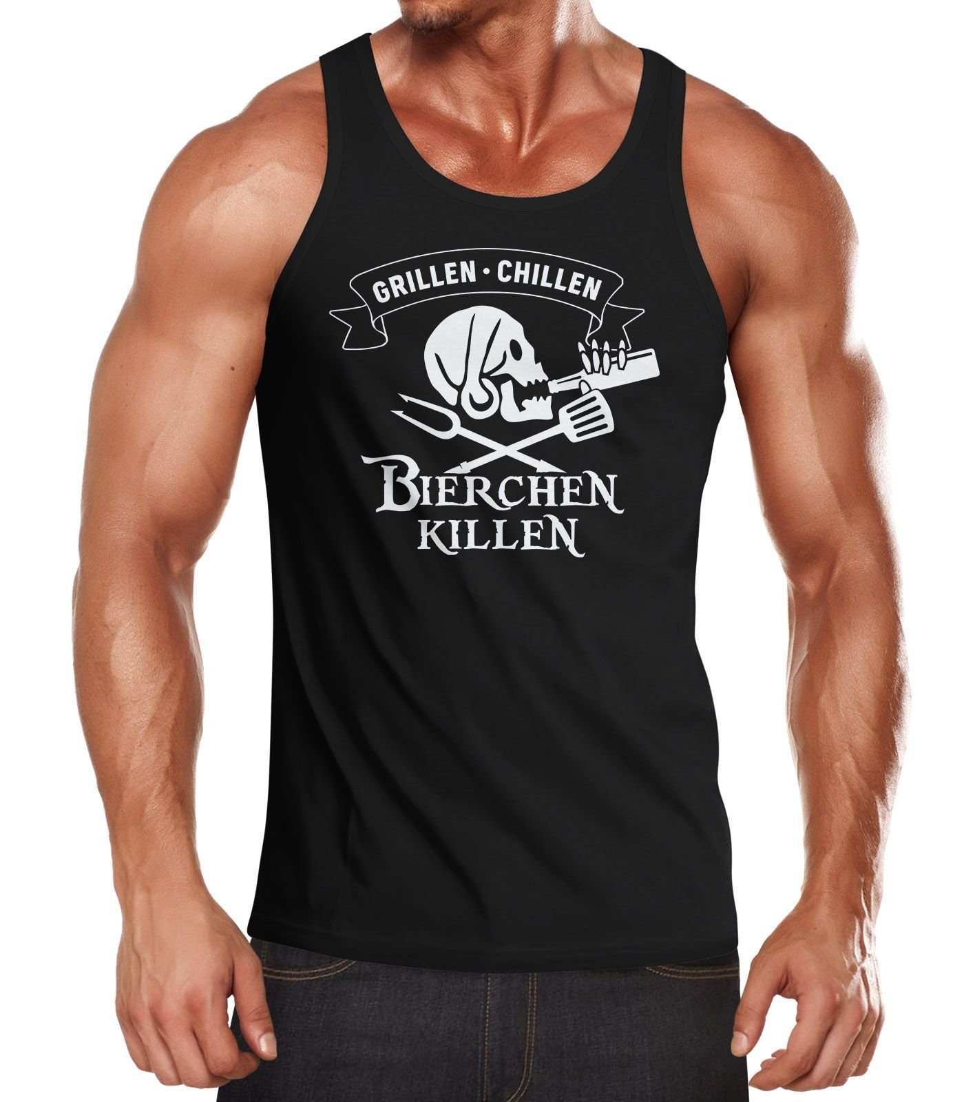 Tanktop Herren Tanktop Grillen Chillen Bierchen Killen Pirat Skull Bier Spruch lustig Moonworks®