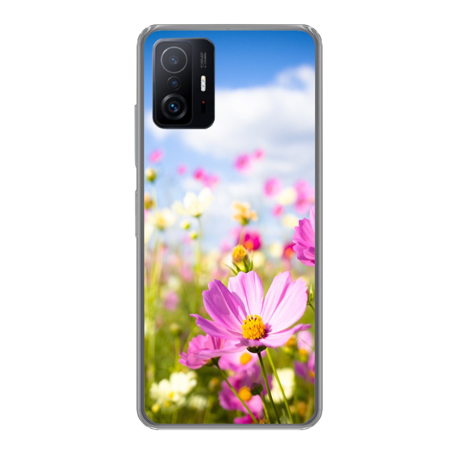 MuchoWow Handyhülle für Xiaomi 11T Pro Blumen - Wiese - Lila - Gras - Weiß - Wolken - Blau, Phone Case, Silikon, Schutzhülle Dünn