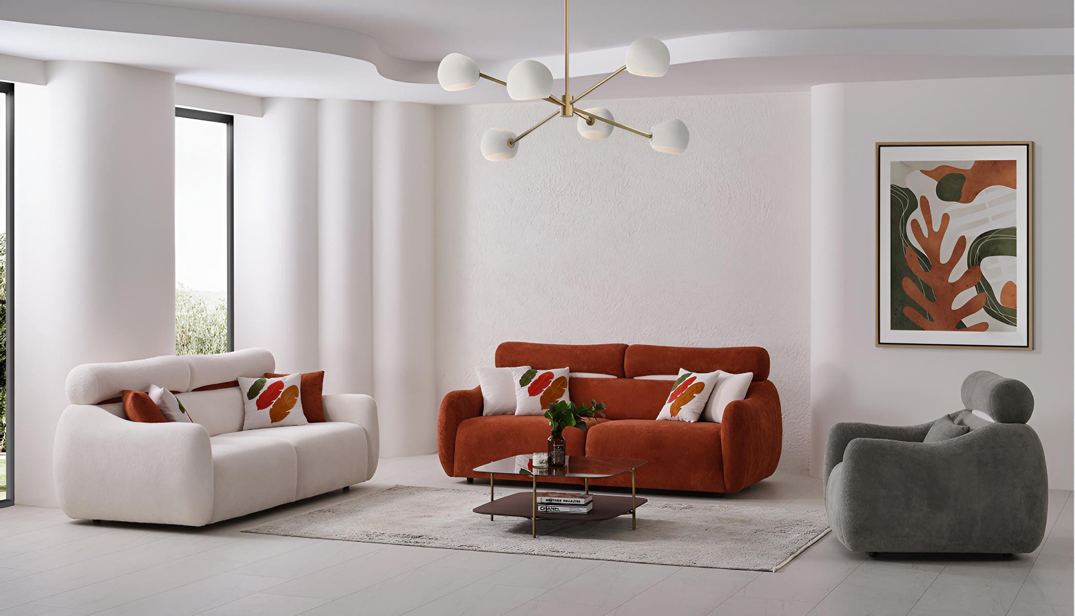 JVmoebel Polstergarnitur JVMoebel Sofa in Orange mit bunten Kissen und modernem Design, (3-tlg), Made in Europa