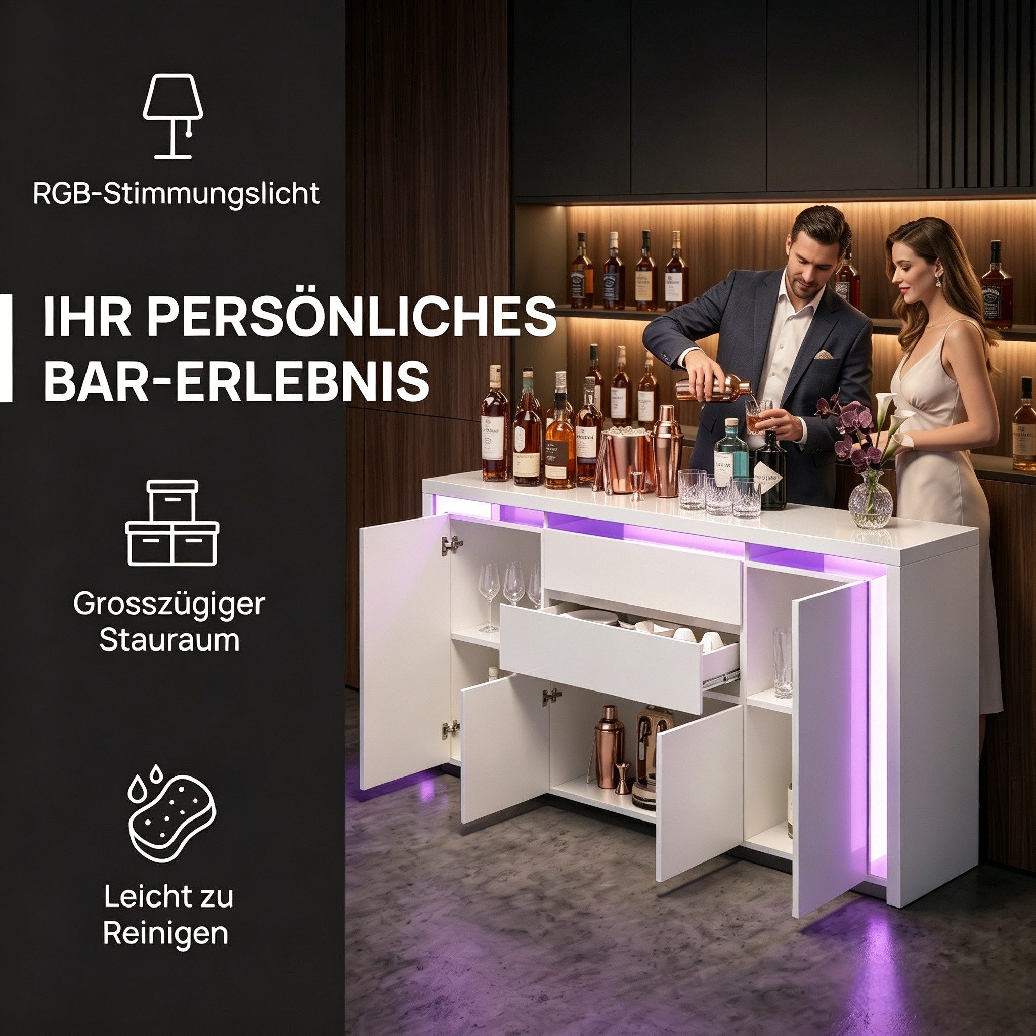 PXloue Kommode Hochglanz Sideboard (LED-Ambientebeleuchtung) Breite 160 cm, Beistellschrank mit 4 Fächern und 2 Schubladen( Push-to-open-Funktion)
