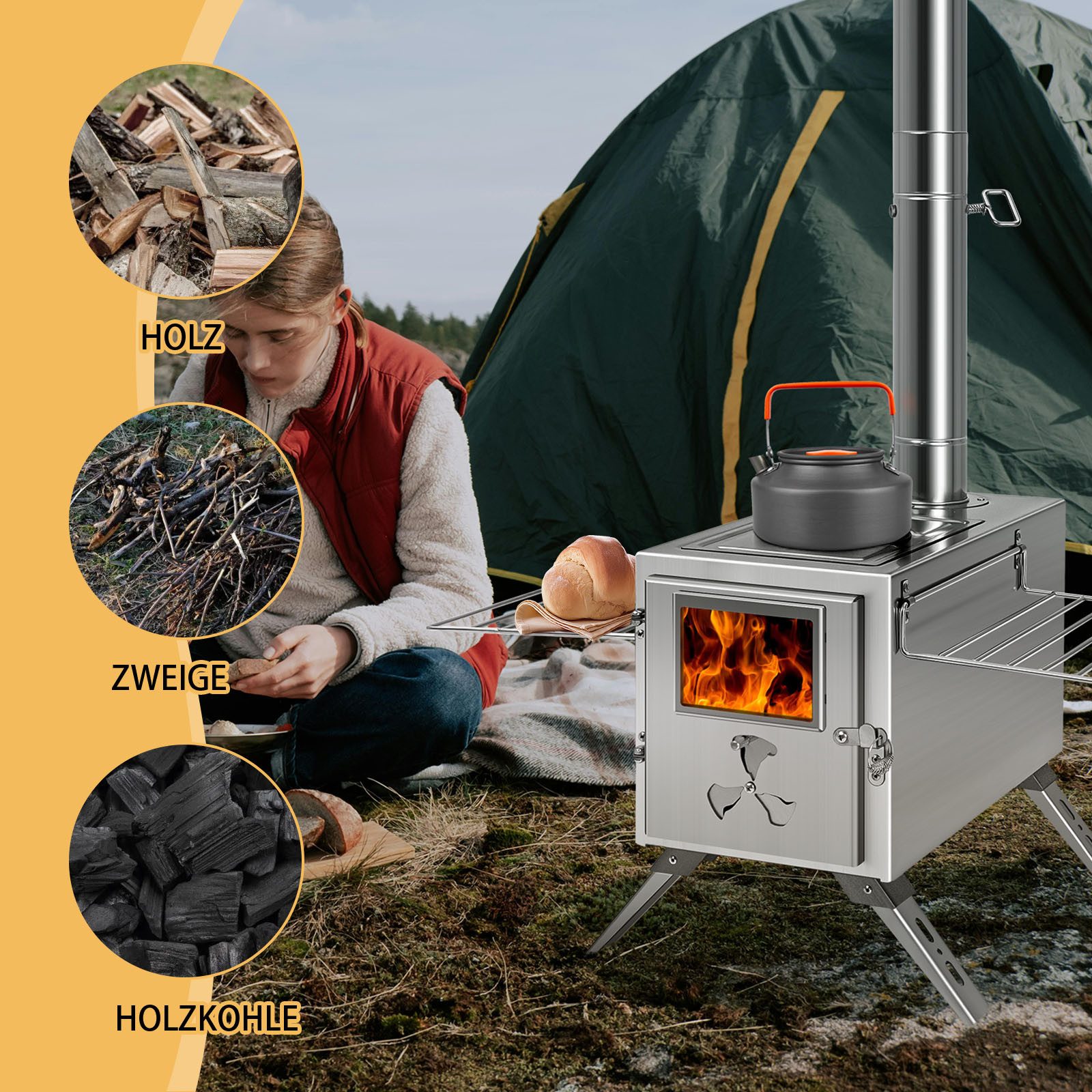 Meulbaty Feuerstelle Heißer Zeltofen, Camping-Holzofen für Zelt, tragbarer Holzofen, (1-St), aus Edelstahl, mit 7 Kaminrohren für Wandzelt-Camping, Kochen – Bild 5 von 5