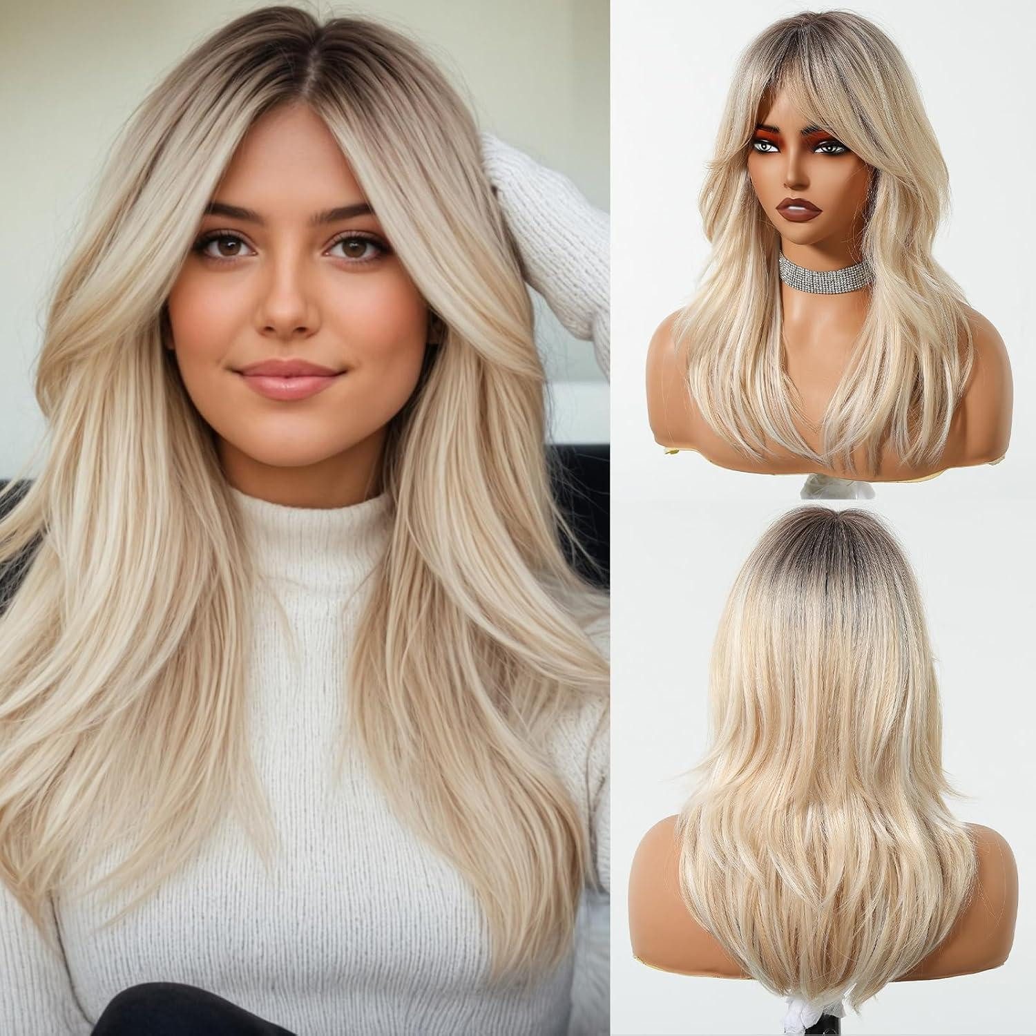LuxusKollektion Kunsthaarperücke Ombre Blonde Lange Gewellte Perücke Frauen Pony Synthetisches Haar