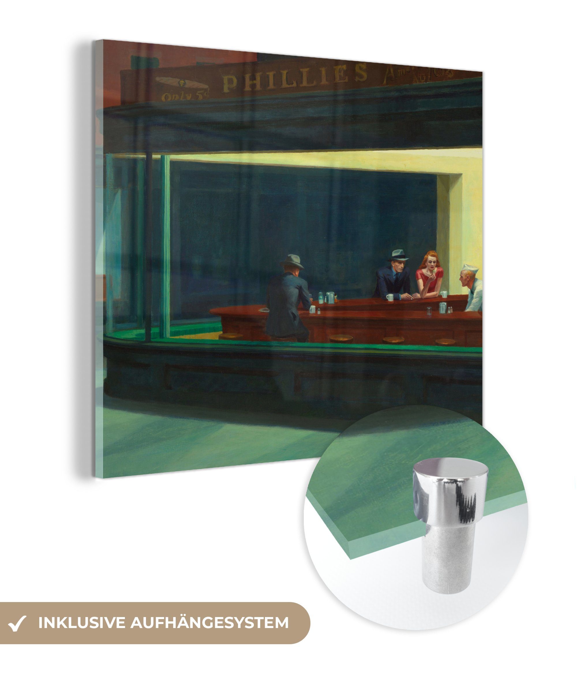 MuchoWow Acrylglasbild Nighthawks - Edward auf Glas St), Wandbild Foto Glasbilder Wanddekoration Bilder - - Glas Hopper, - auf (1