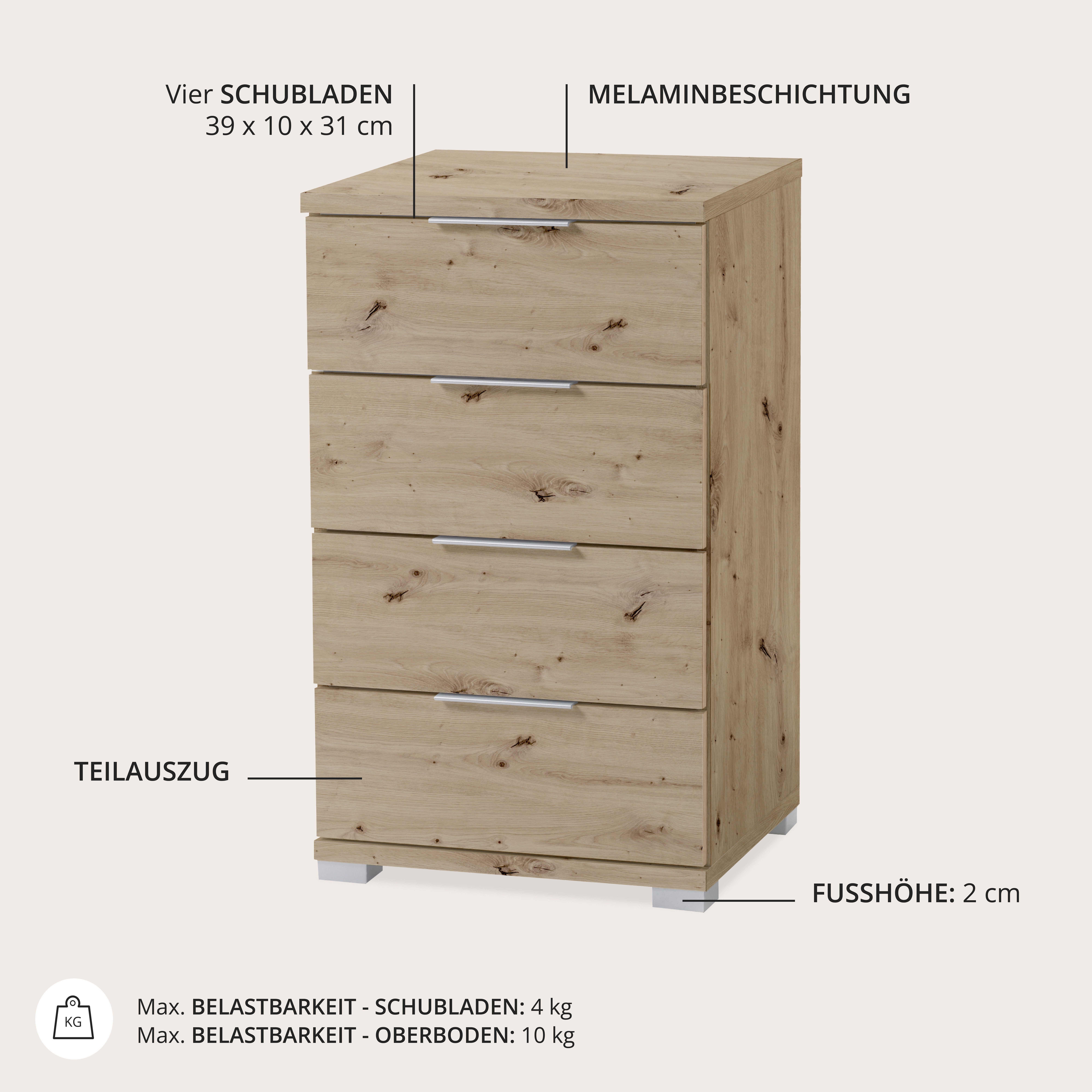 Schlafkontor Nachtkommode Smilla Nachttisch, Nachtkonsole mit Schubkästen, Korpus melaminbeschichtet, silberfarbige oder schwarze Griffe