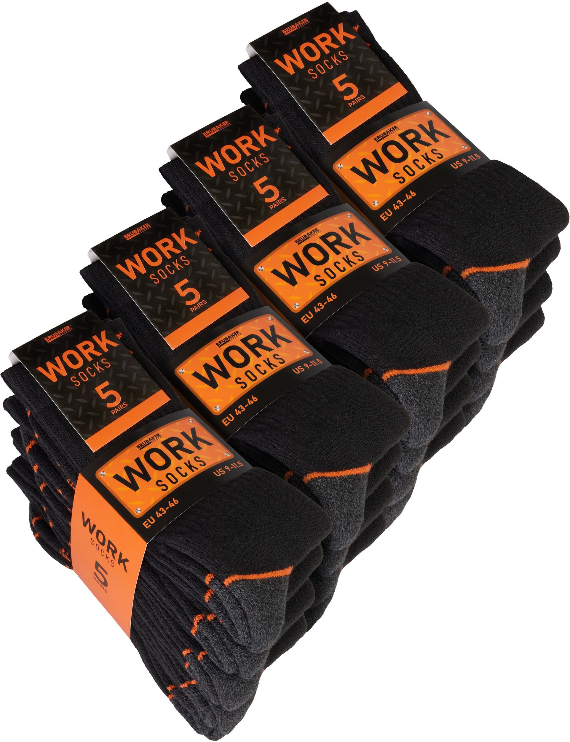 BRUBAKER Arbeitssocken Herren Work Socken für Sicherheitsschuhe - Schwarz Orange (Verstärkter Fersen und Zehenbereich, 20-Paar, Work Socks Arbeitssocken aus Baumwolle) Robuste Funktionssocken für optimalen Halt auf der Arbeit