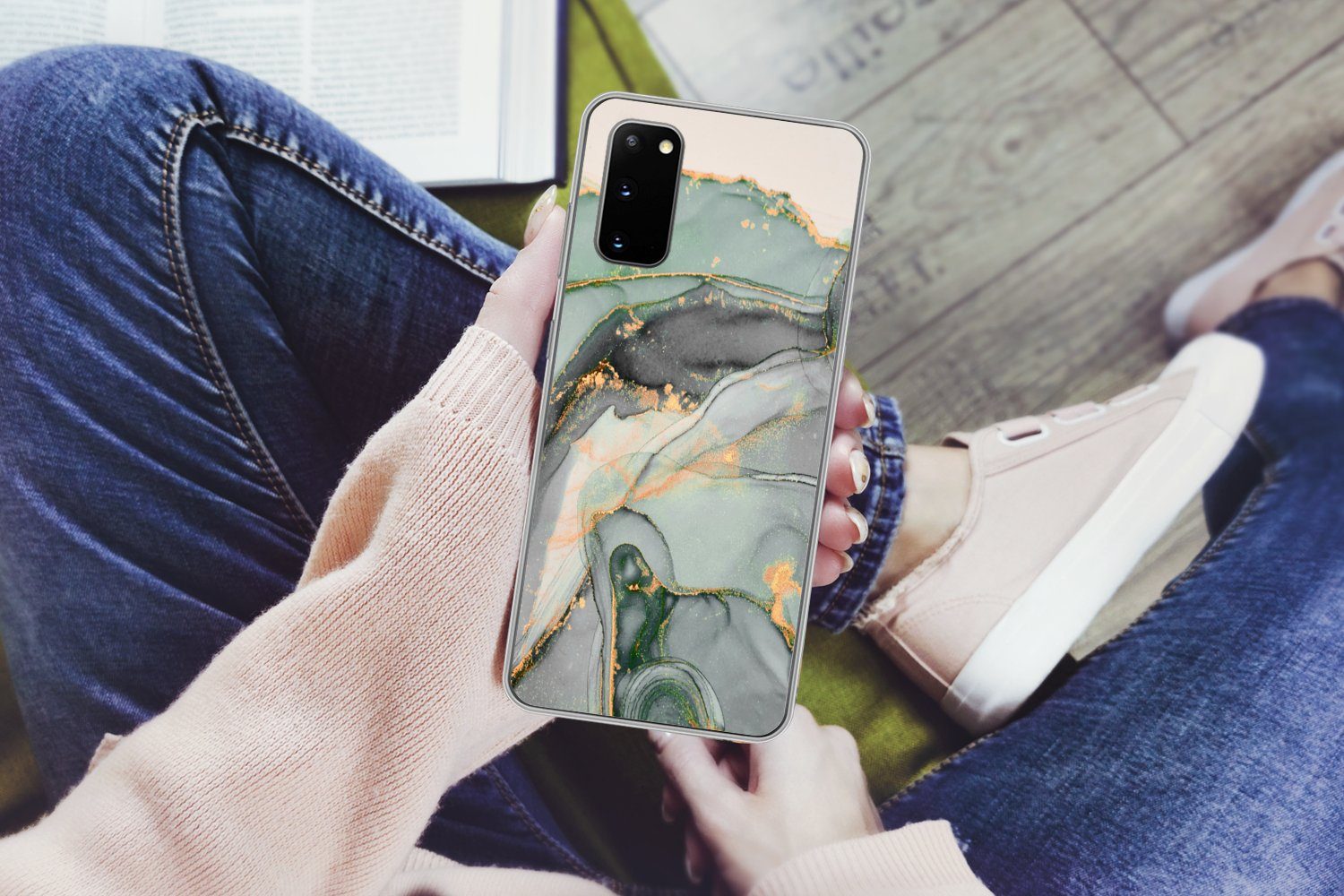 MuchoWow Handyhülle für Samsung Galaxy S20 Gold - Marmor - Grün - Luxus - Glitzer - Marmor, Phone Case, Silikon, Schutzhülle Dünn
