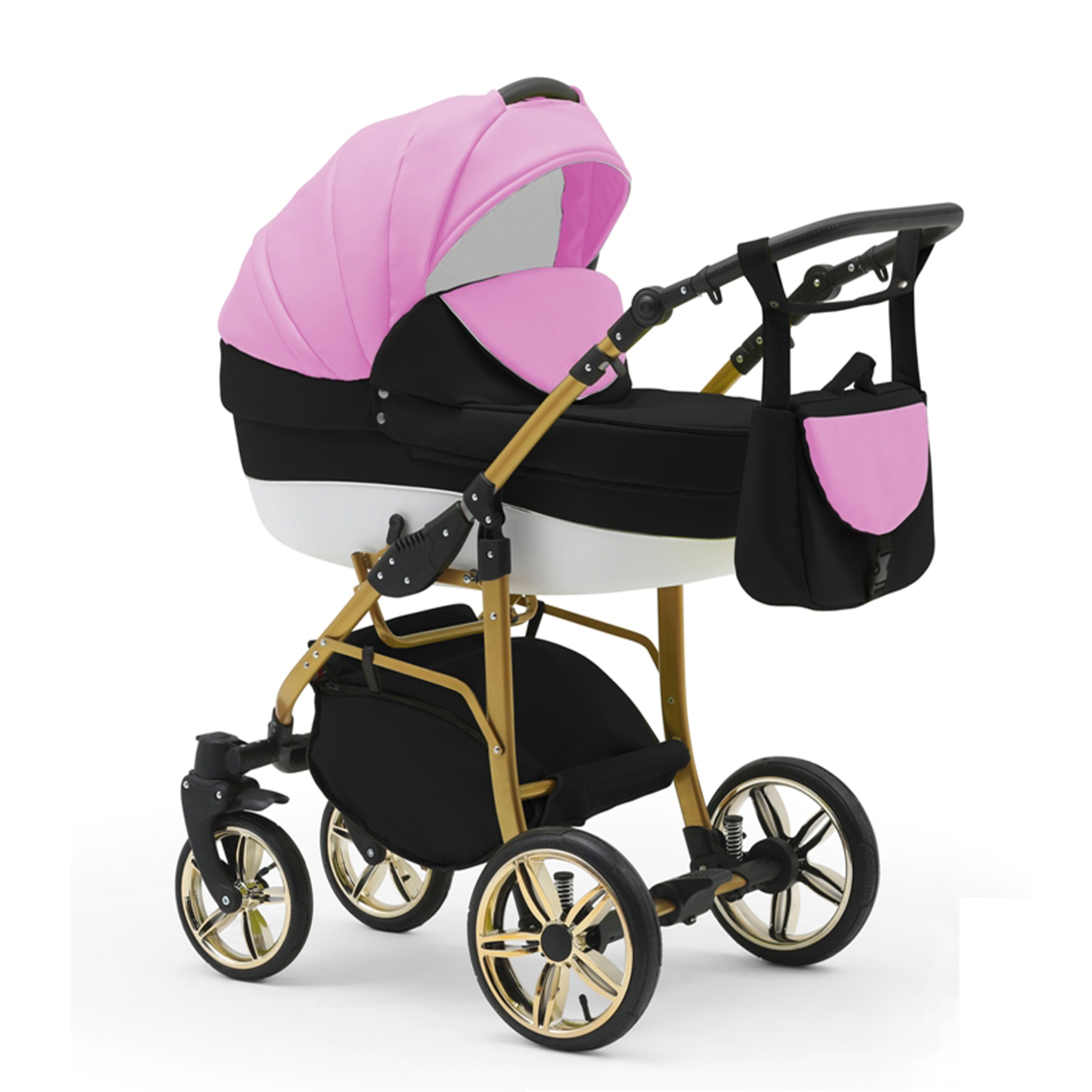 babies-on-wheels Kombi-Kinderwagen 2 in 1 Kinderwagen-Set Cosmo ECO Gold - 13 Teile - in 46 Farben Pink-Schwarz-Weiß