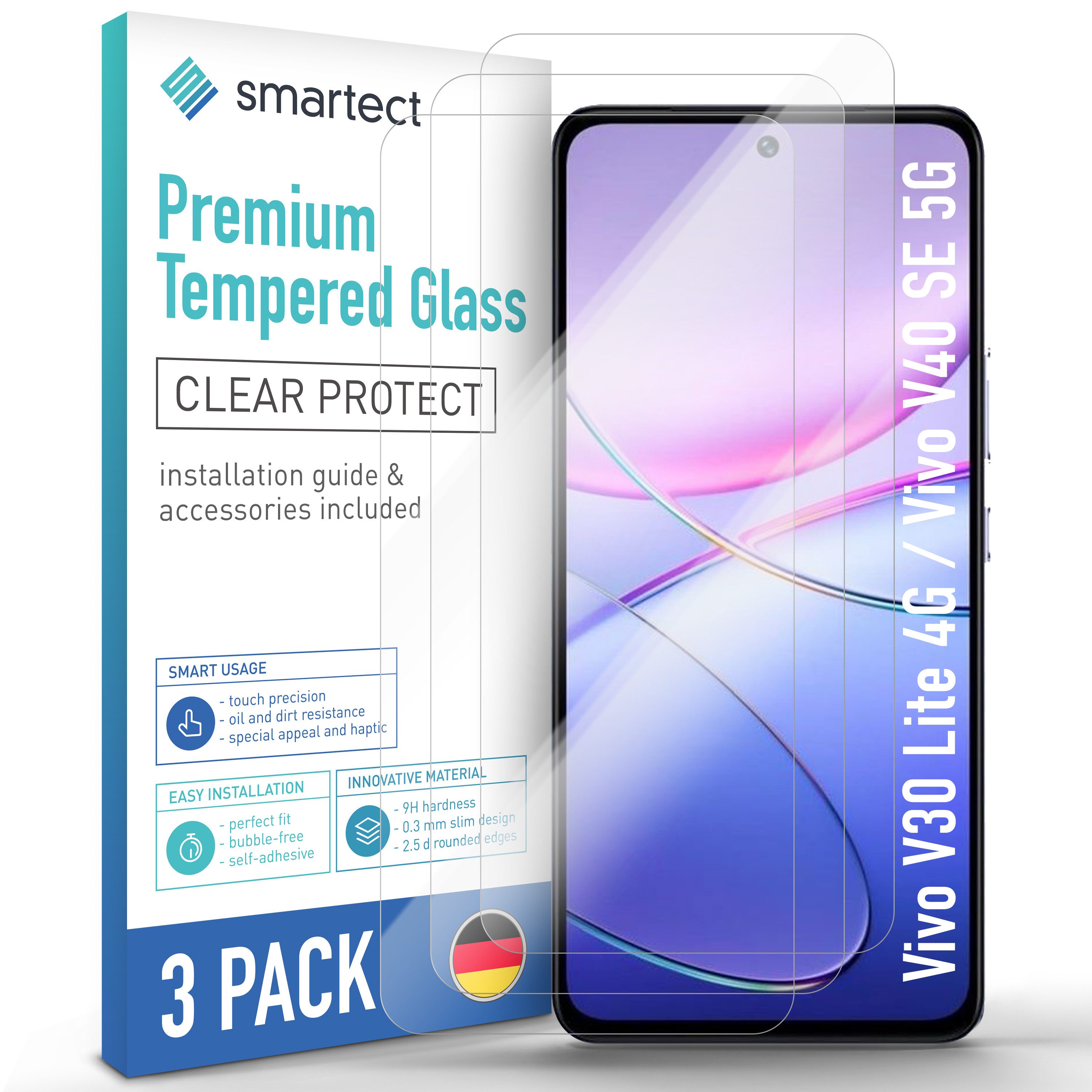 smartect Displayschutzglas Schutzglas Panzerfolie Klar für Vivo V30 Lite 4G/Vivo V40 SE 5G, Set, 3 Stück, Schutzfolie Glasschutz Bildschirm