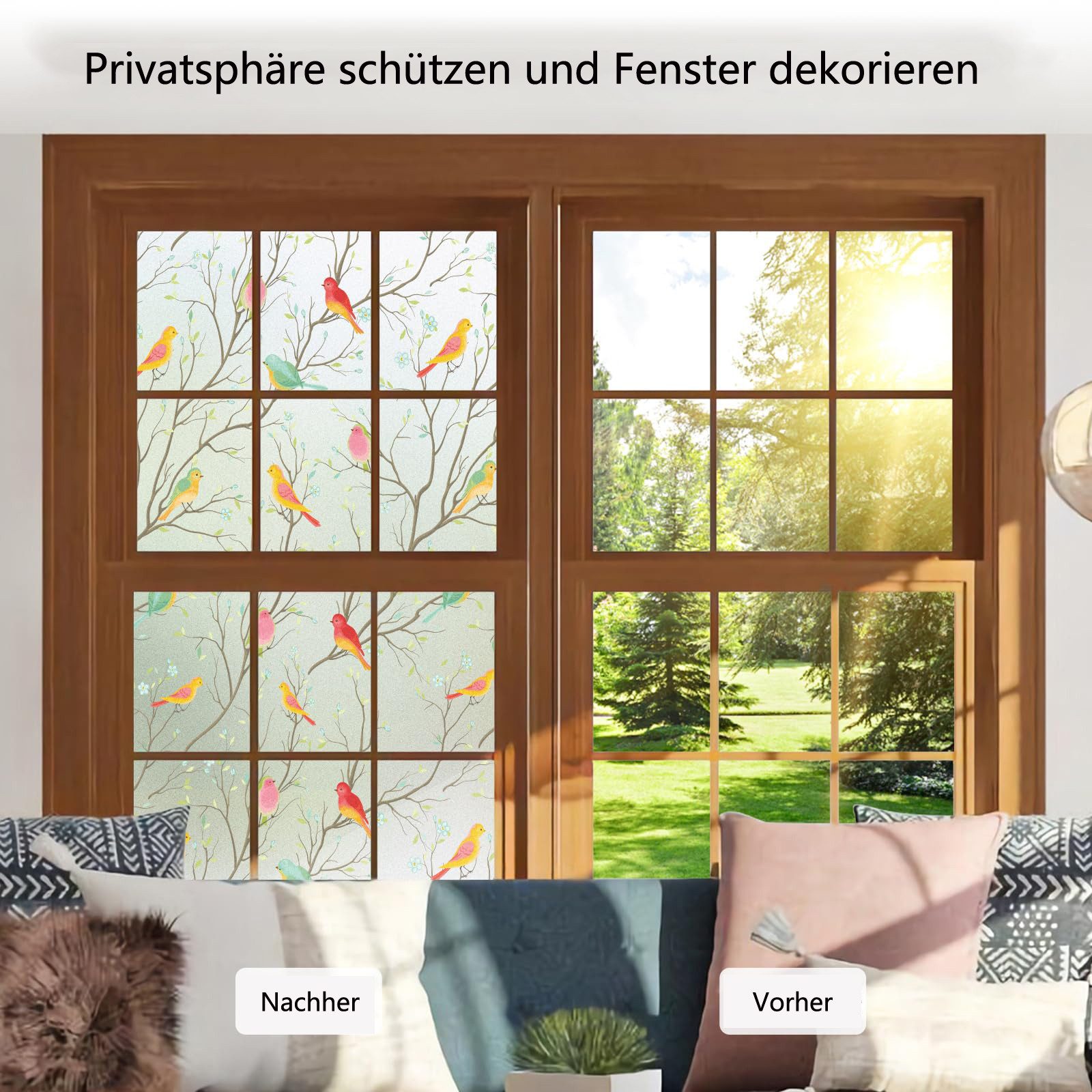 Coonoor Fensterfolie Selbstklebend Statische Folie, Blickdichte Sichtschutzfolie, Anti-UV mit Motiv, Dekofolie für Wohnzimmer Küche Büro