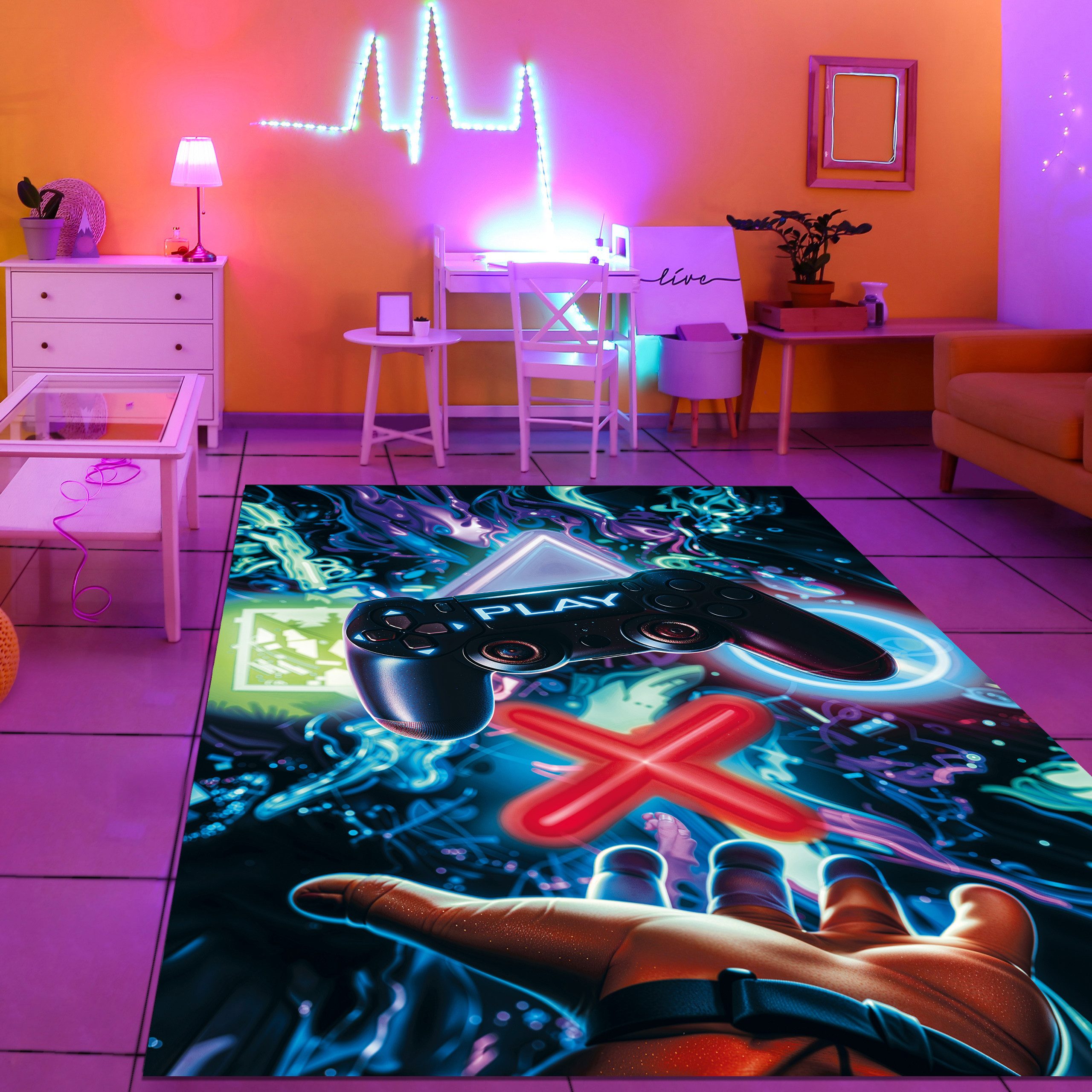 TeppichHome24 Kinderteppich Gaming Teppich mit neonfarbigen Symbolen, recht günstig online kaufen