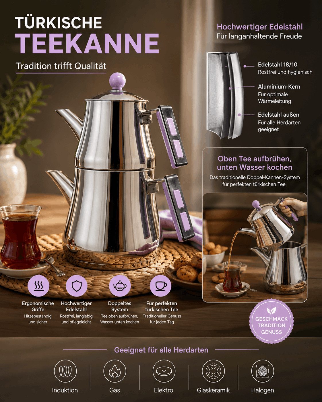 Scheffler Caydanlik-Teekanne Scheffler Edelstahl Teekanne Harem 1.8L + 1L, 2.8 l