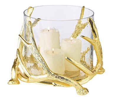 EDZARD Windlicht Kingston, Kerzenhalter im Geweih-Design für Stumpenkerzen, Kerzenleuchter mit Gold-Optik, Höhe 19 cm, Ø 21