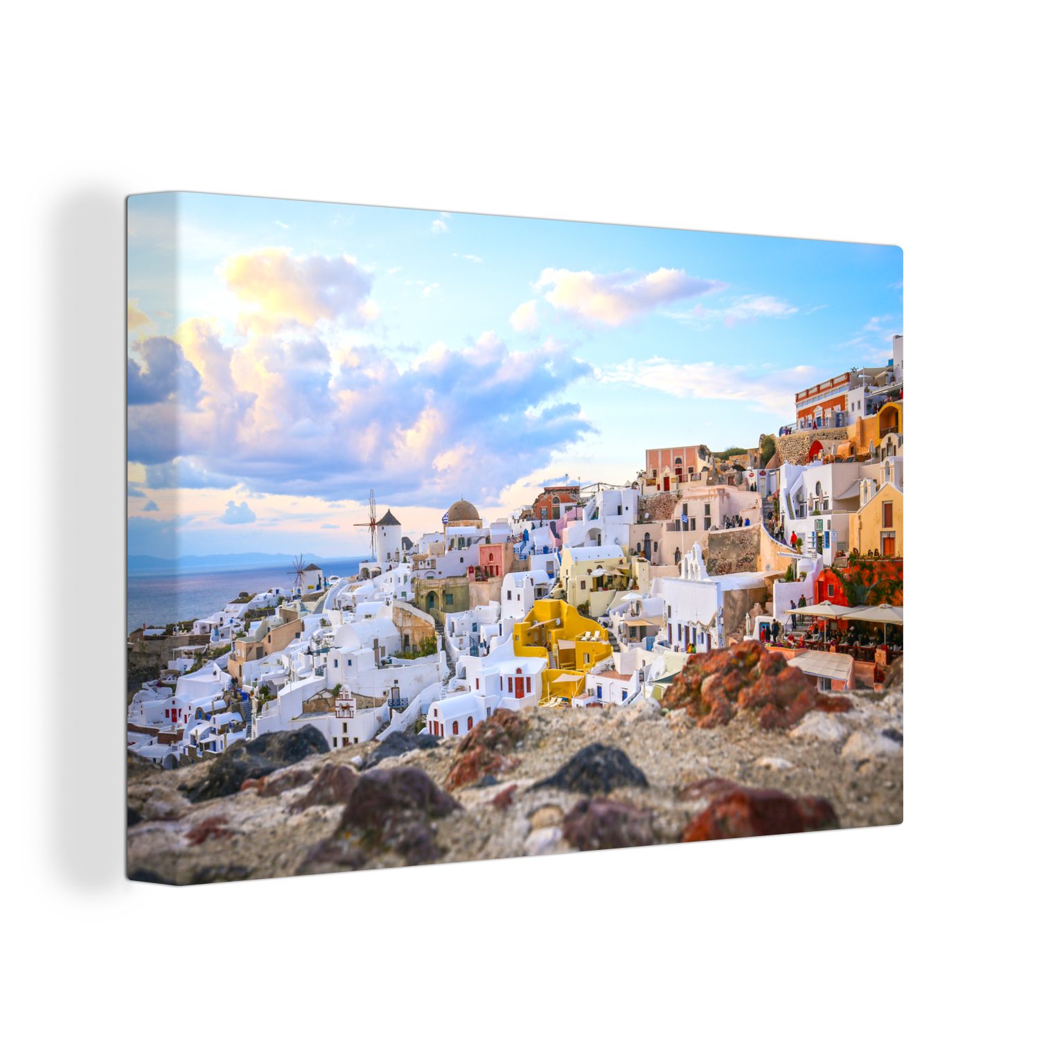 OneMillionCanvasses® Leinwandbild Das Stadtbild von Oia bei Santorin und das Meer, (1 St), Wandbild Leinwandbilder, Aufhängefertig, Wanddeko, 30x20 cm
