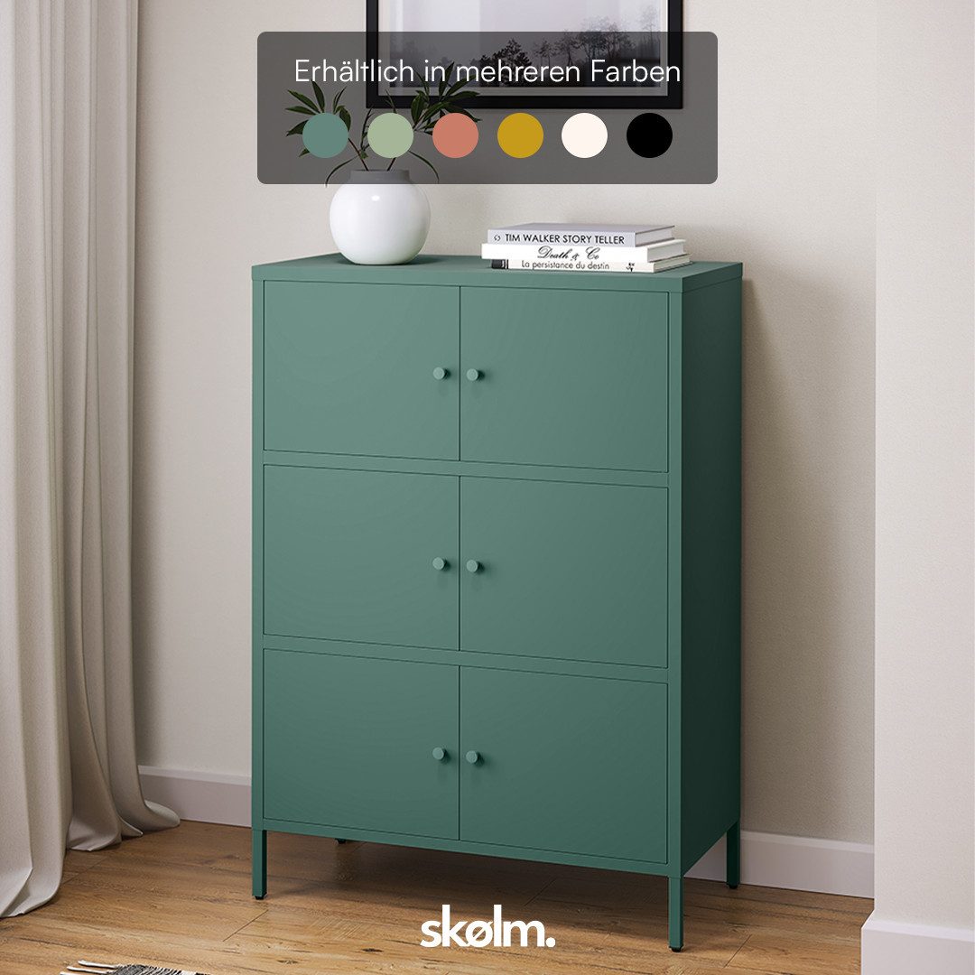 skølm Kommode Atriona aus Metall (Dunkelgrün, 3 Fächer & 6 Türen), Metallschrank 113,5 x 80 x 38 cm, auch verfügbar mit 2 Fächern