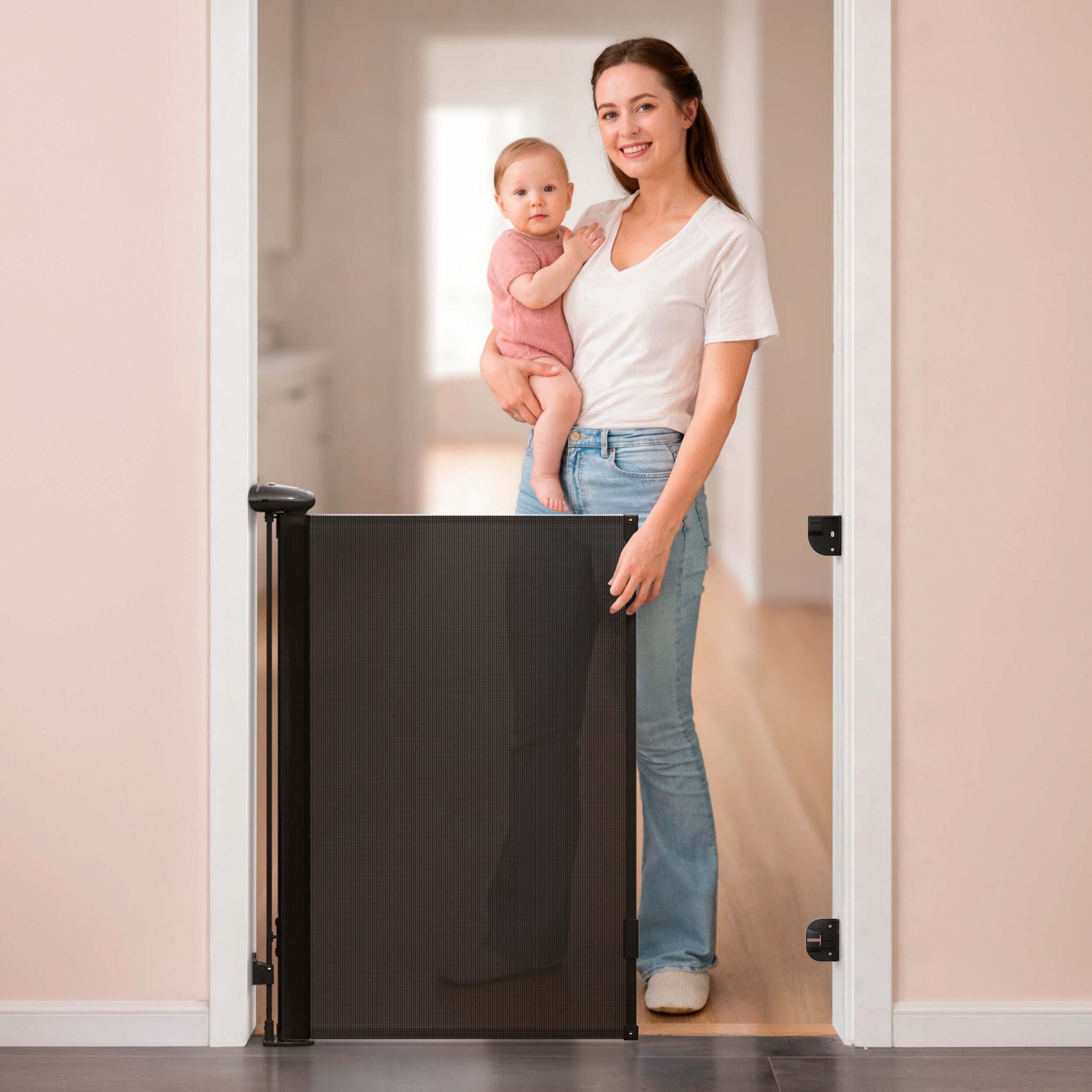 Vulpes Goods Treppenschutzgitter BabyCare, aufrollbar bis 145 cm, Einhandbedienung