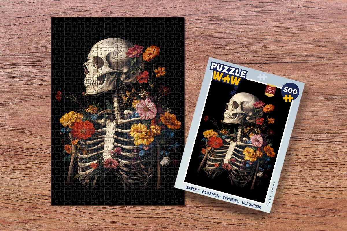 MuchoWow Puzzle Skelett - Blumen - Totenkopf - Farbenfroh, 500 Puzzleteile, günstig online kaufen