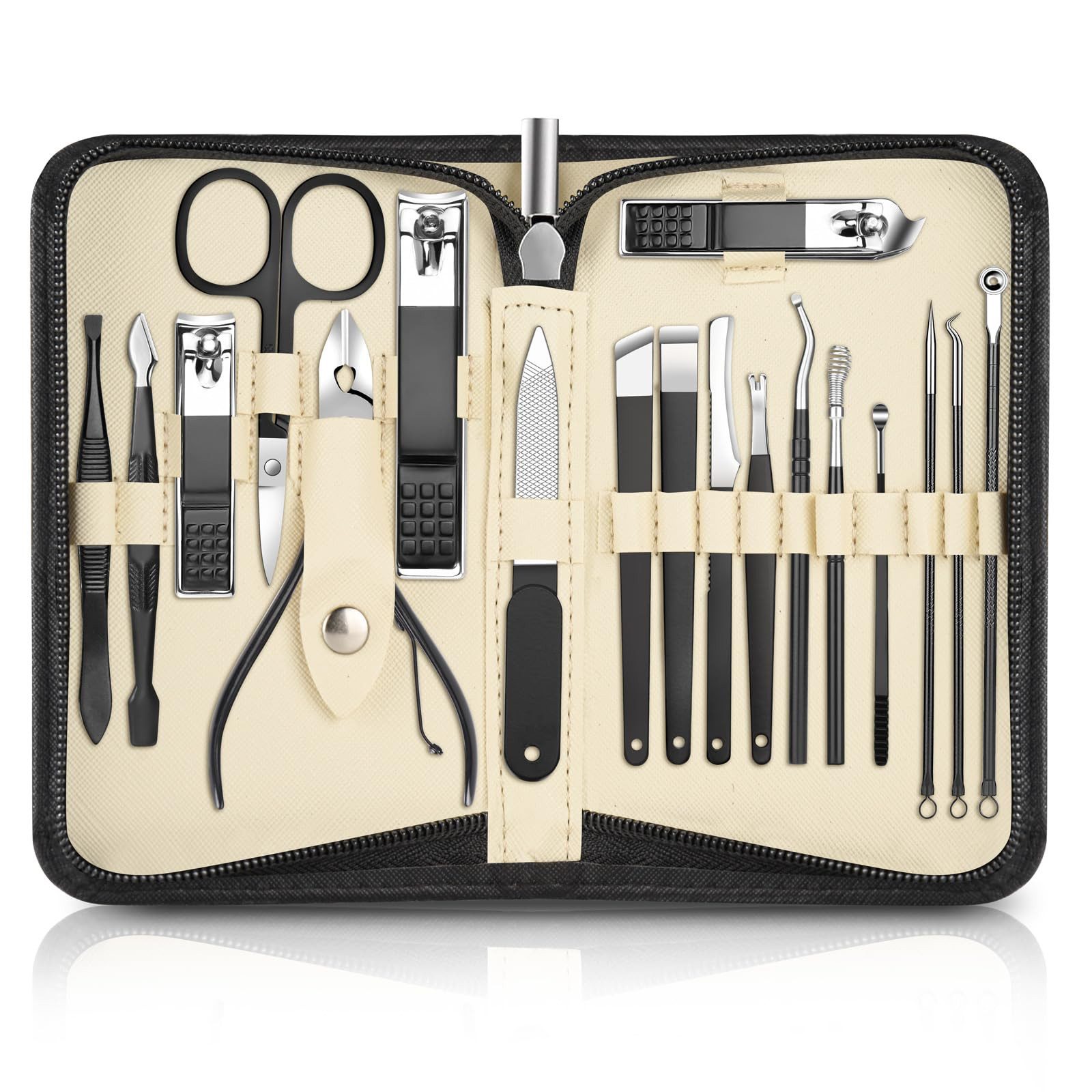 Maniküre-Etui 18-in-1 Maniküre Set mit Leder-Etui Pflege für Händen, Füßen &Gesicht