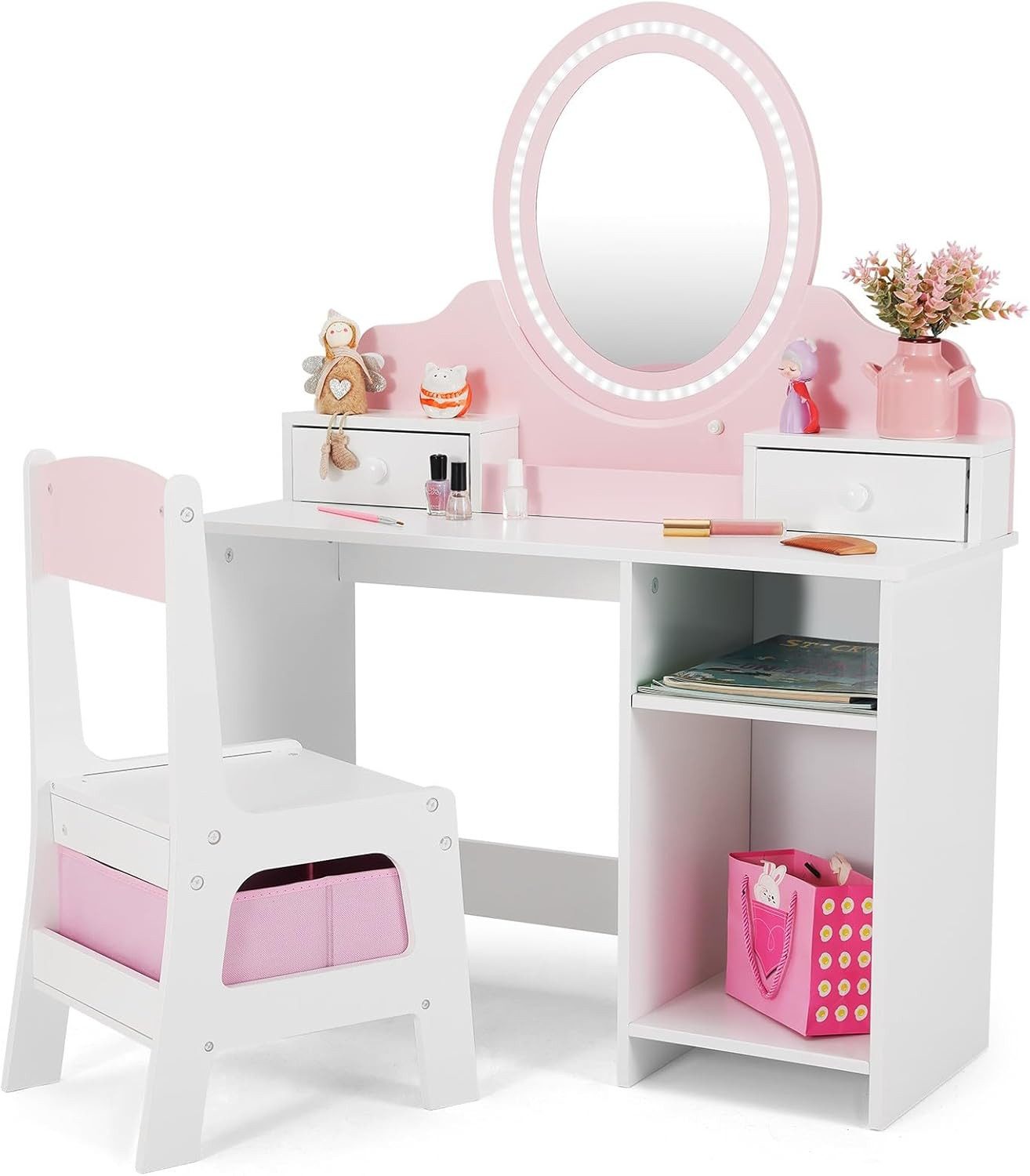 JOYLDIAS Schminktisch 2 in 1 Schminktisch Kinder mit Hocker und LED-Spiegel (1-St), Prinzessin Frisiertisch Schreibtisch mit Schublade, Regal und Körbchen