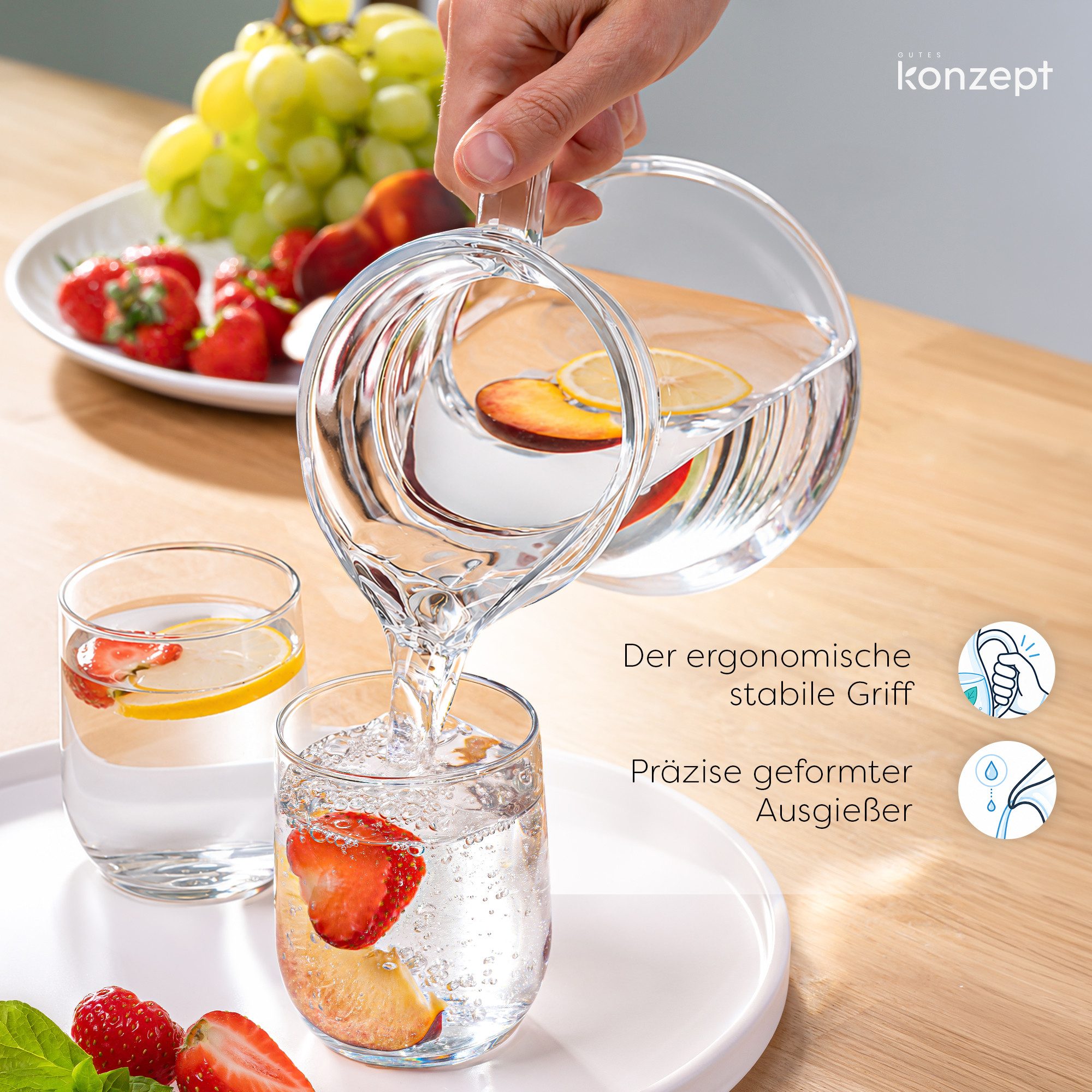 KONZEPT Wasserkrug aus robustem Glas mit Griff und Ausgießer, für Zuhause und Gastronomie, 1,25 L, Höhe 212 mm, Gesamtbreite 134 mm, Robustes Glas – Bild 4 von 5