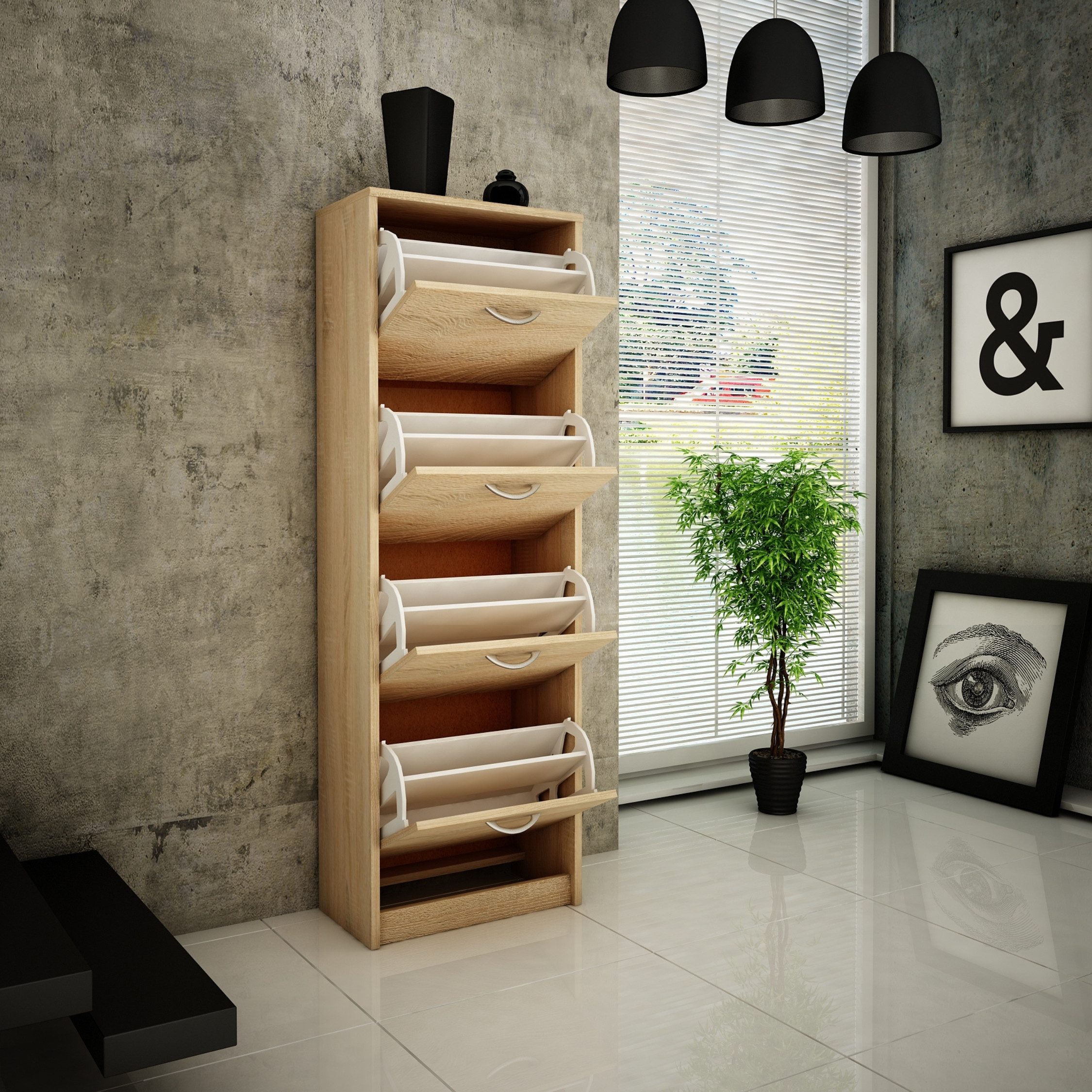 Home Collective Schuhschrank mit 4 aufklappbaren Schubladen, Schuhregal mit 4 Fächern 50 cm breit (platzsparende Schuhaufbewahrung, laminierte Platte) weiche abgerundete Kanten, matte Oberfläche, sonoma