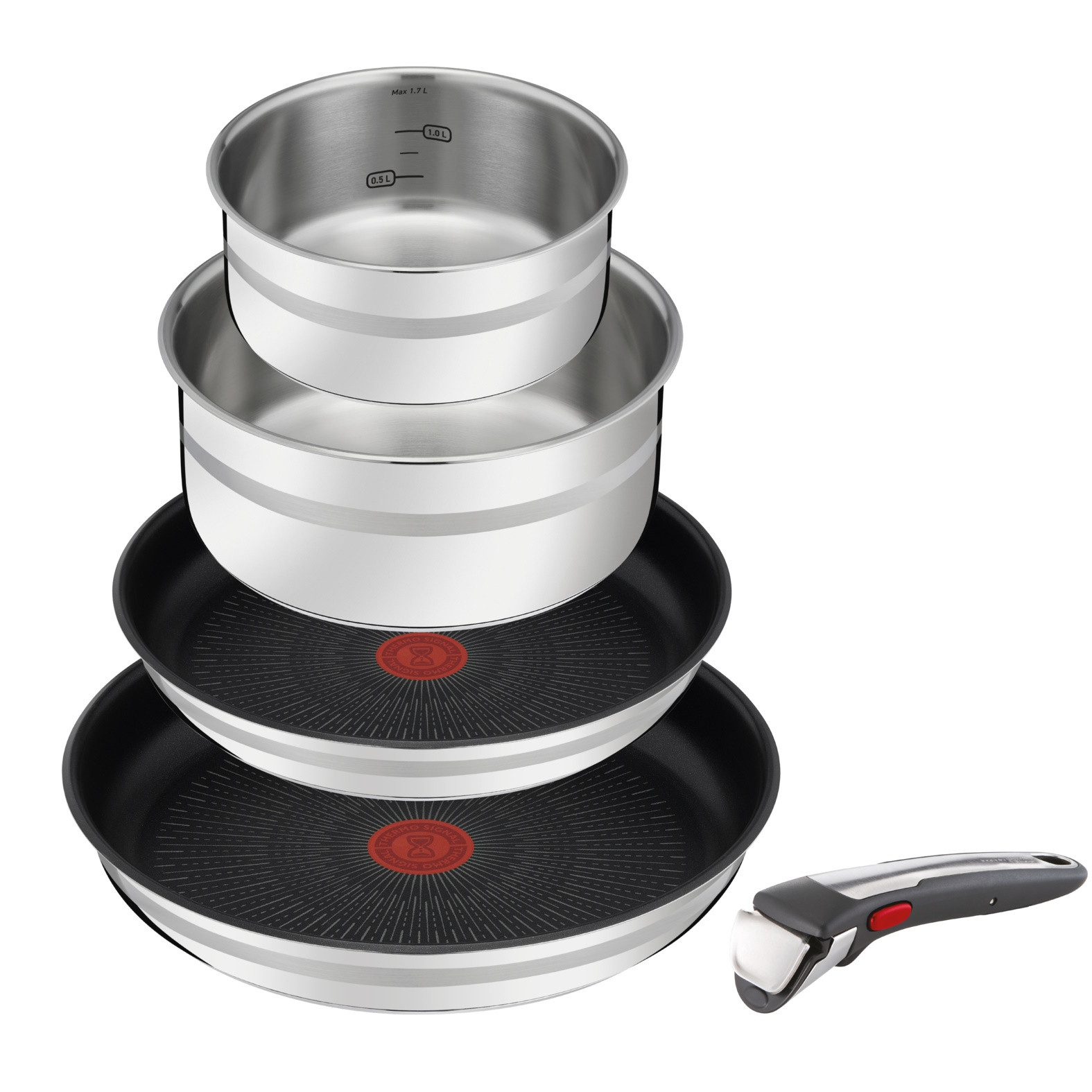 Tefal Pfannen-Set Jamie Oliver Ingenio G6, Topf und Pfannenset abnehmbarer Griff, Edelstahl (Set, 5-tlg., 2x Pfannen Ø 24/28 cm, 2x Kasserollen Ø 16/20 cm, 1x abnehmbarer Griff), stapelbar, platzsparend, einfache Reinigung, Induktion, L97696