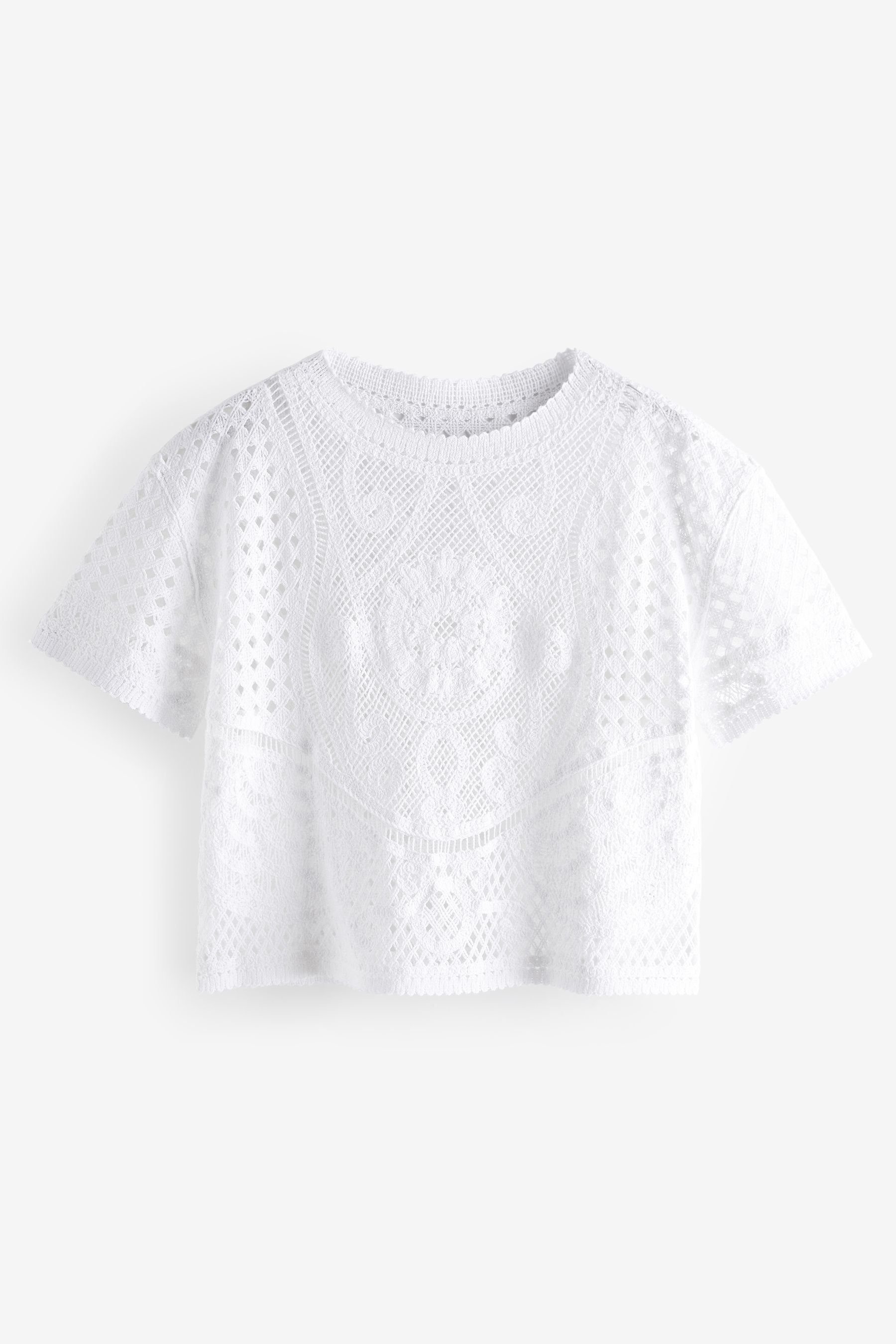White Next Kurzarmpullover (1-tlg) Ausschnitt T-Shirt gehäkeltem mit