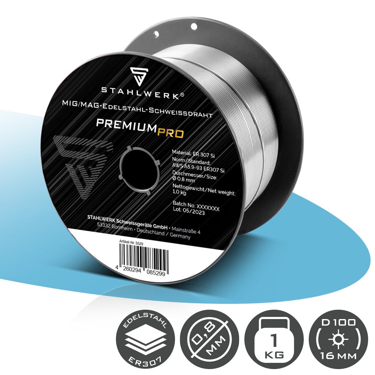 STAHLWERK Schweißdraht 0,8 mm MIG MAG Edelstahl ER307 Si Drahtrolle 1 kg, (Packung), Hohe Zähigkeit und Korrosionsbeständigkeit.