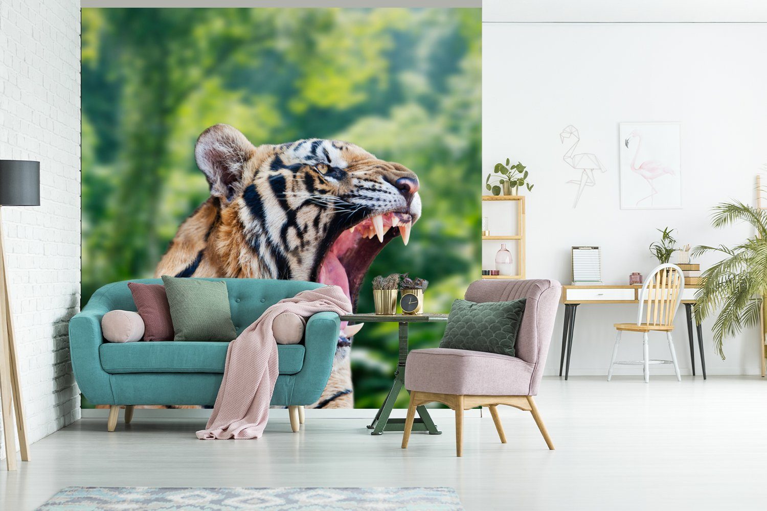 Wohnzimmer Kopf Tiger (4 bedruckt, Fototapete MuchoWow Wald, für Küche, - Vliestapete Matt, Fototapete St), Schlafzimmer -