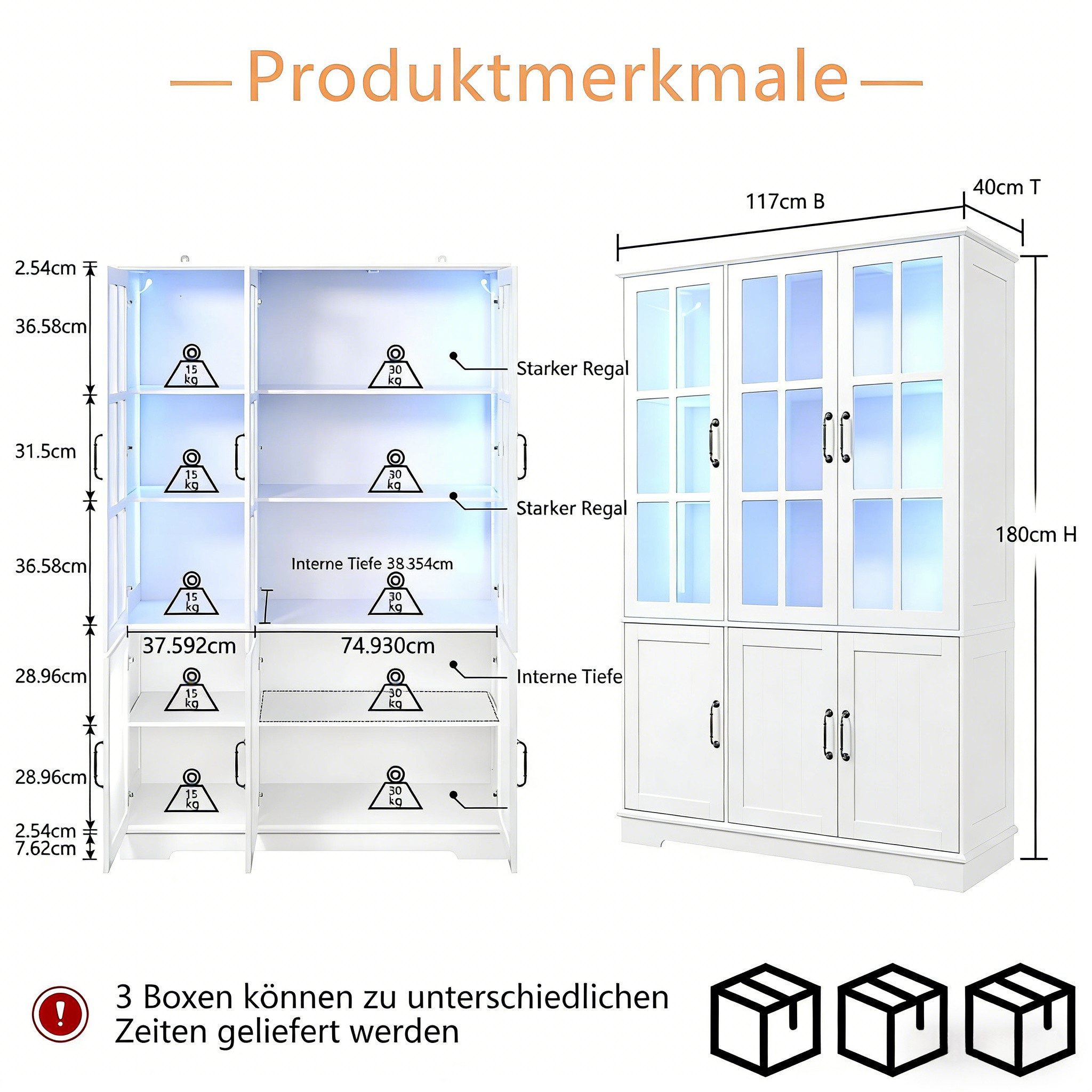 AMERLIFE Vitrine mit LED Beleuchtung, 6 Türen, 8 Einlegeböden, 117x40x180 cm, Weiß (1-St) Hochschrank, Mehrzweckschrank, Stauraumschrank