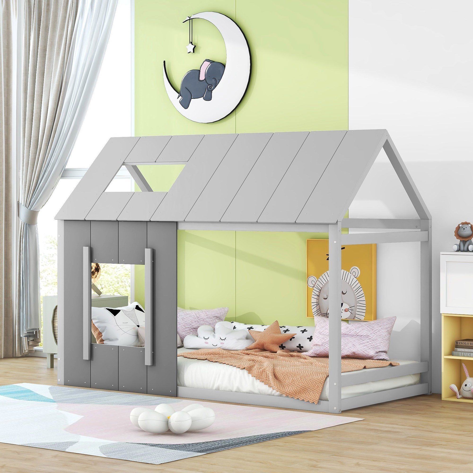 Flieks Kinderbett, Massivholz Einzelbett Hausbett mit Dach und Fenster 90x200cm grau