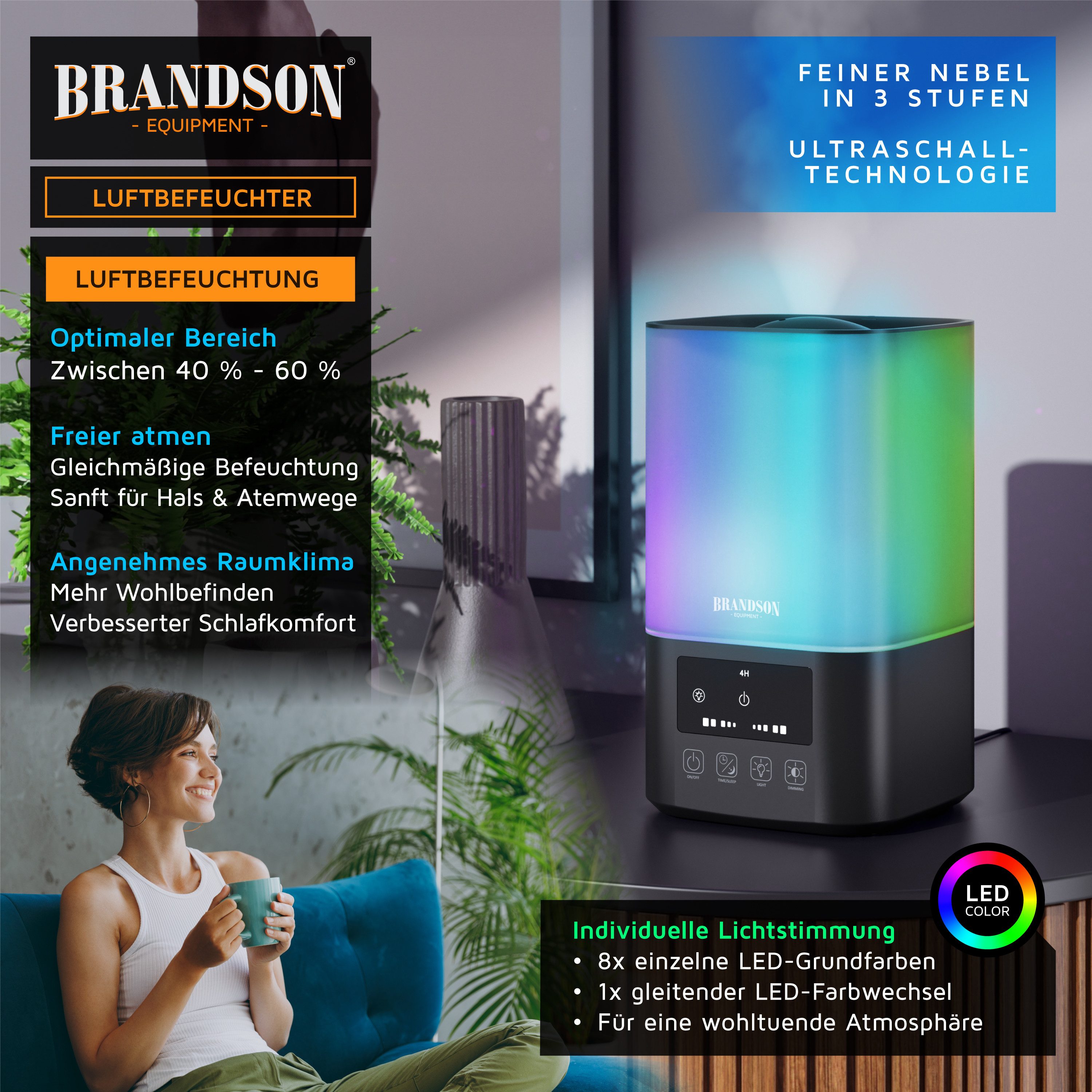 Brandson Luftbefeuchter 2,5L, Fernbedienung, 3 Helligkeitsstufen, RGB, Timer, sehr leise 30dbA, 2.5 l Wassertank, 3 Nebelstufen, Sleep Modus, für Schlafzimmer Kinderzimmer Wohnzimmer