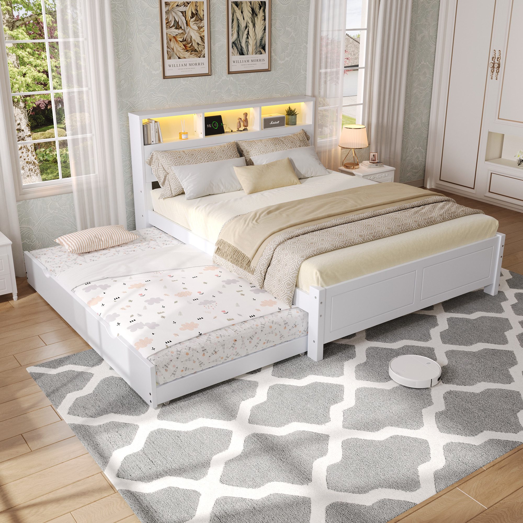 REDOM Holzbett mit Ausziehbett, Ladebuchse & LED-Umgebungslicht (Kinderbett günstig online kaufen