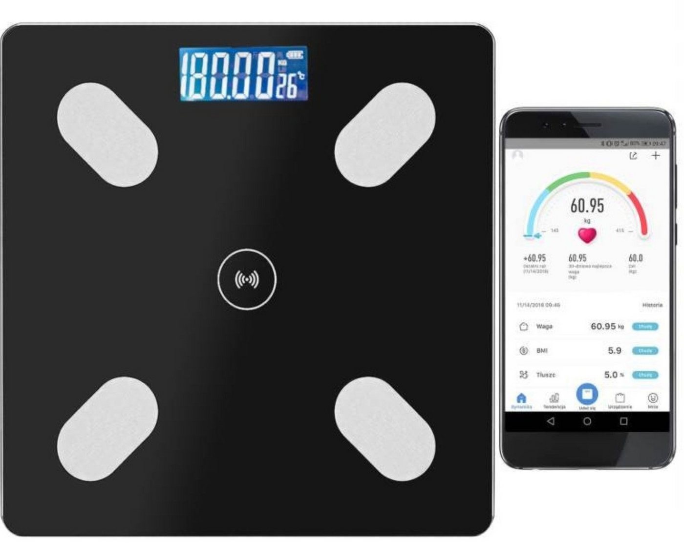 LA CUTE Körper-Analyse-Waage 8in1 Präzisions-Körper-Analysewaage BMI Körperfett Muskelmasse Wasser, Präzisions-Körperwaage Bluetooth App-Anbindung für 8 Benutzerprofile, 8in1 Körperanalyse misst Gewicht, BMI, Körperfett, Muskelmasse, Wasser, Misst 8 Körpe