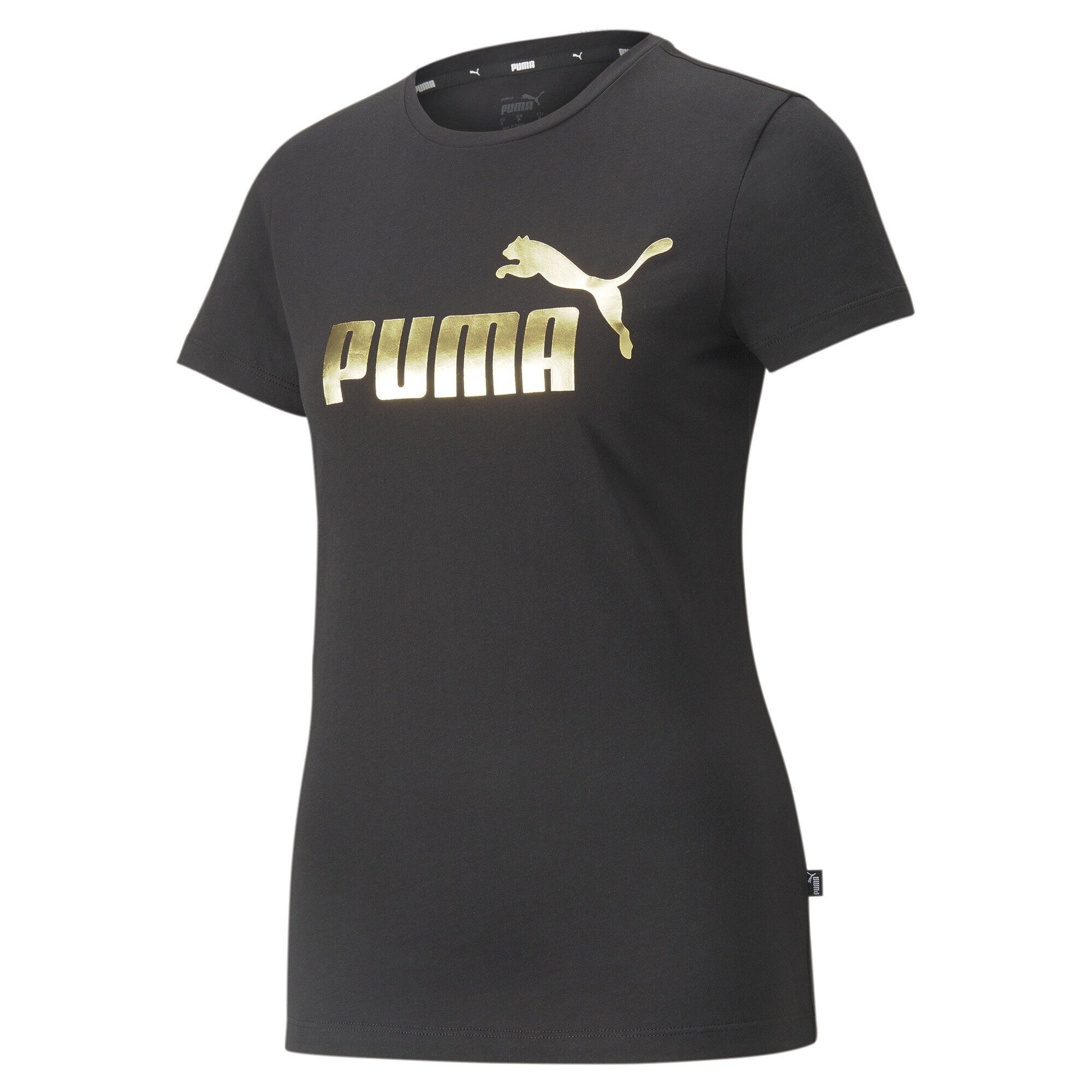 PUMA T-Shirt Essentials+ Metallic Logo T-Shirt Damen Black Gold Foil