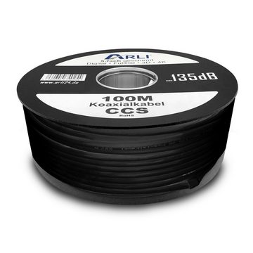 ARLI 100m ARLI Koaxialkabel schwarz max. 135dB + 10x F-Stecker TV-Kabel, (10000 cm), 100 m TV Sat Koax Antennen Kabel 5-fach geschirmt Verlegekabel Set