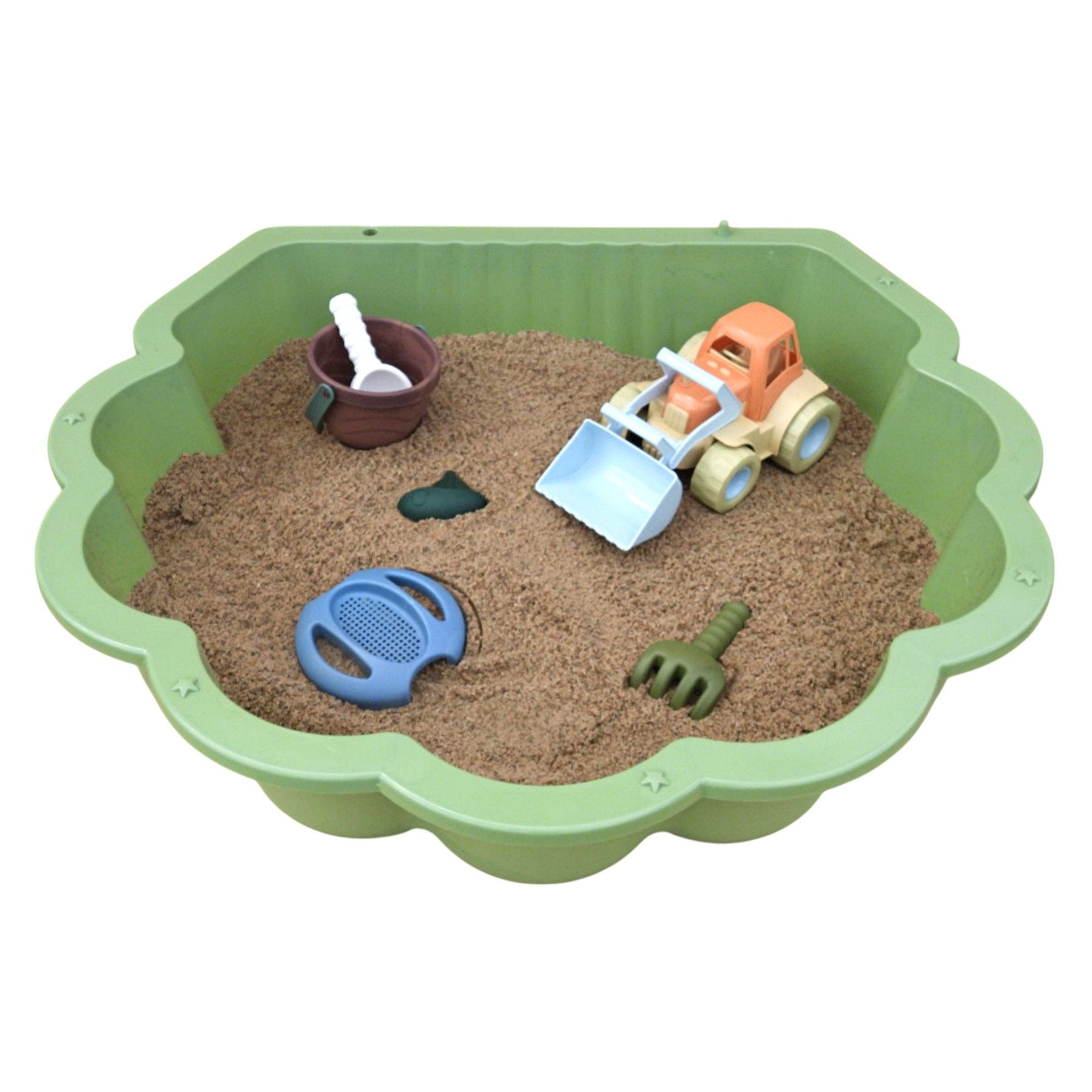 TikTakToo Sandkasten Wassermuschel Grün mit Traktor und Eimer-Set, Sand- und Wasserspiel, robust, pflegeleicht, kompakt