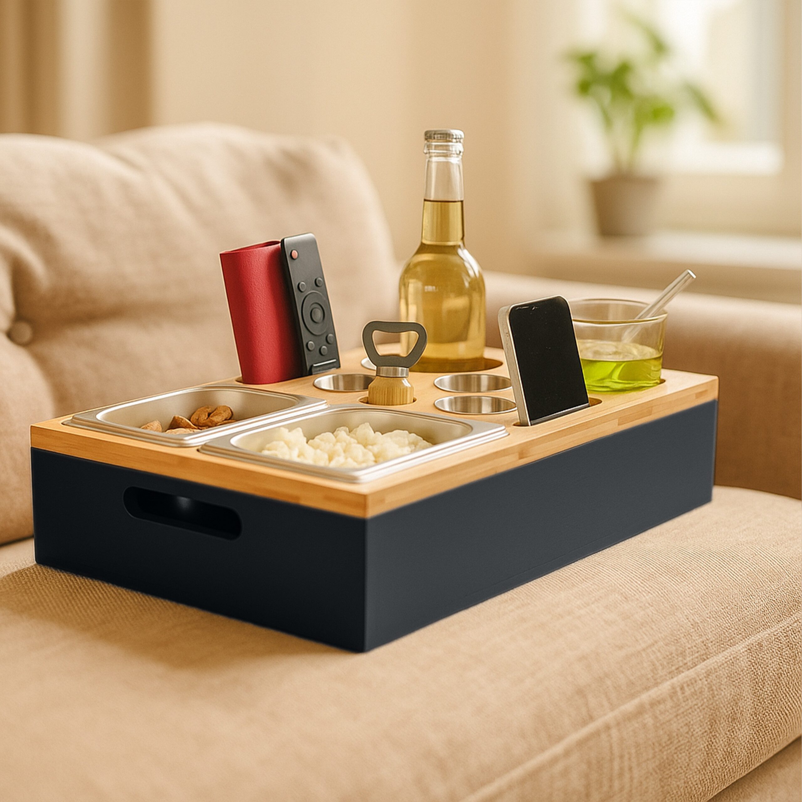 relaxdays Tabletttisch Couchbar mit Zubehör, schwarz