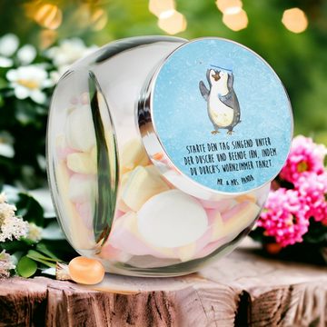 Mr. & Mrs. Panda Vorratsglas L 870ml Pinguin Duschen - Eisblau - Geschenk, Küchenbehälter, Vorrats, Premium Glas, (1-tlg), Vielseitig einsetzbar