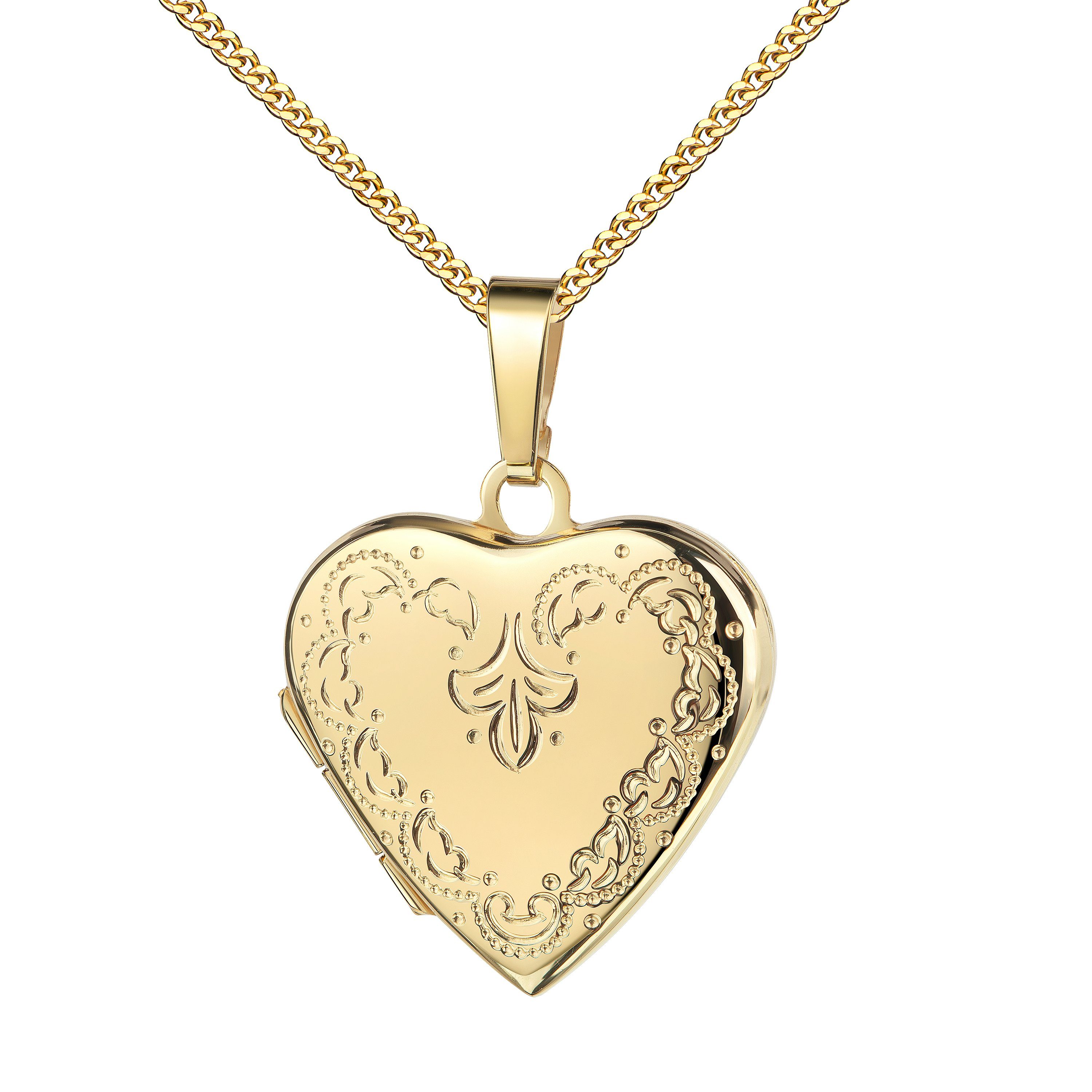 JEVELION Amulett Herz Medaillon Gold 333 Ornament-Verzierung Anhänger zum Öffnen 2 Bild (goldenes Medaillon, für Damen und Mädchen), Goldherz mit Kette vergoldet - Länge wählbar 36 - 70 cm