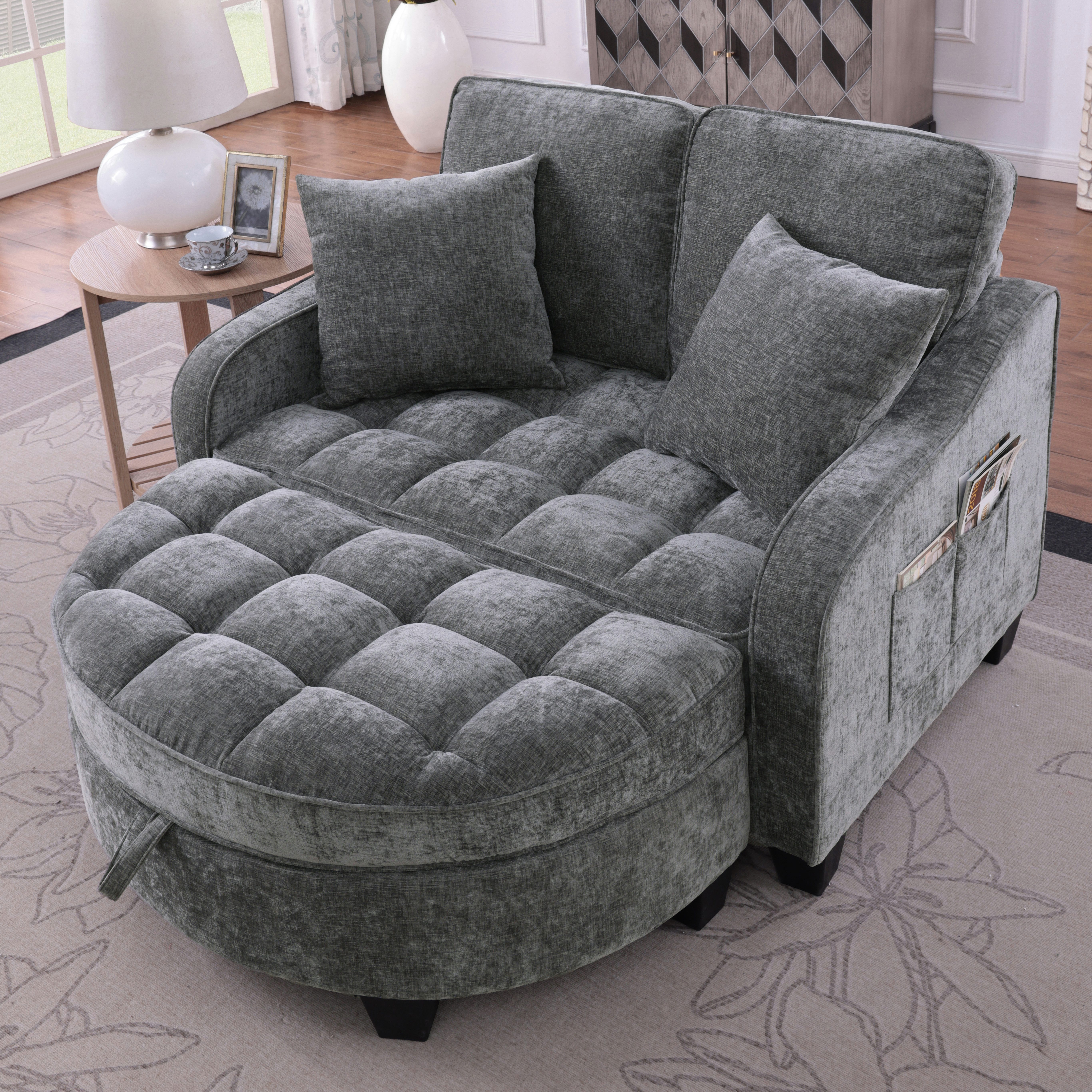 HAUSS SPOLE Schlafsofa mit Schlaffunktion Wohnzimmersofa Multifunktionales Sofa mit Hocker, Multifunktionales Sofa mit Hocker, 2-in-1 Sofa-Bett für Wohn/Arbeits/Schlafzimmer, Dunkelgrau