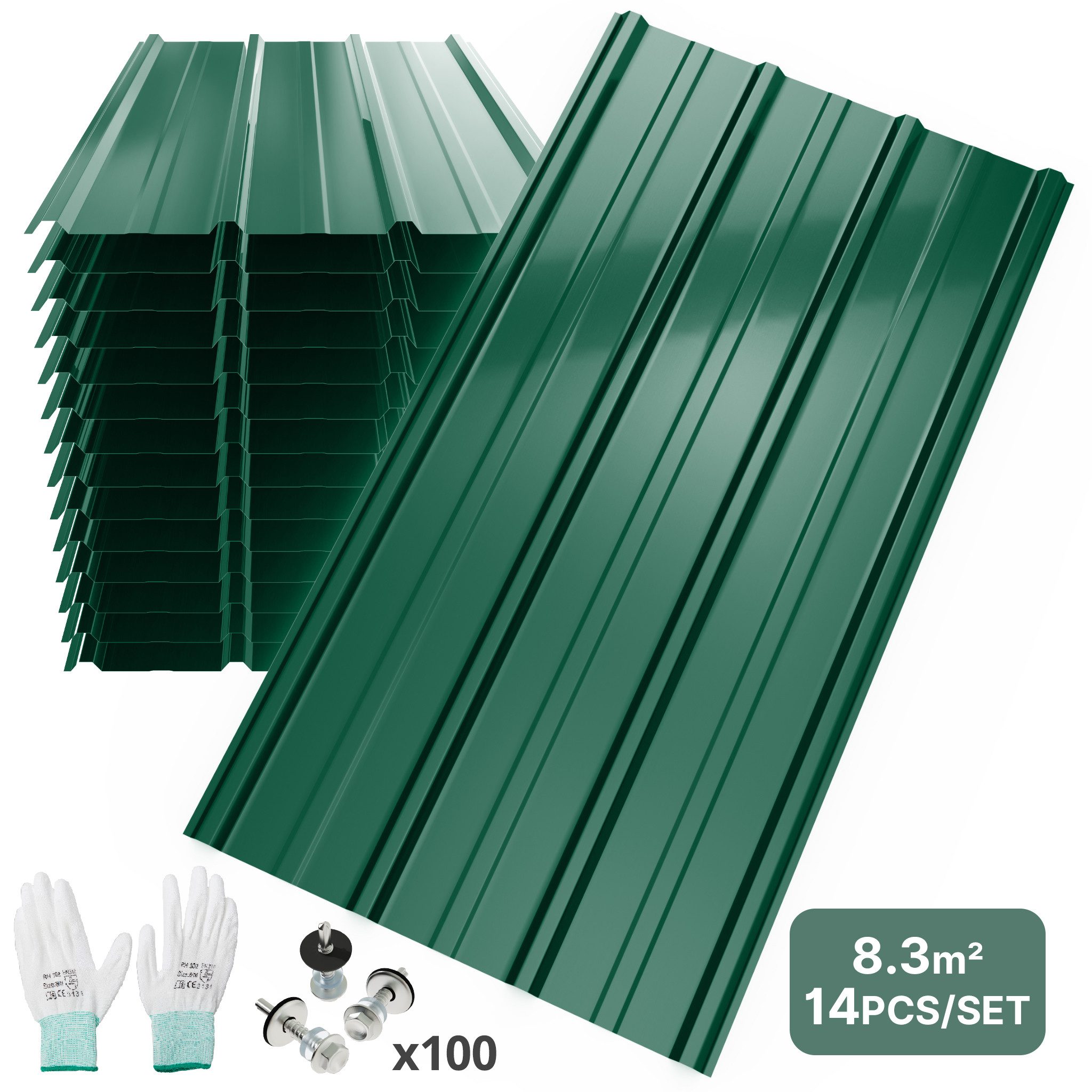 Mondeer Wellplatte Dachplatten(14-tlg), 0,25 mm, (14-St., inkl. 100 Schrauben), Trapezblech-Set, 8,3 m² Abdeckfläche, 105*57cm, Dunkelgrau