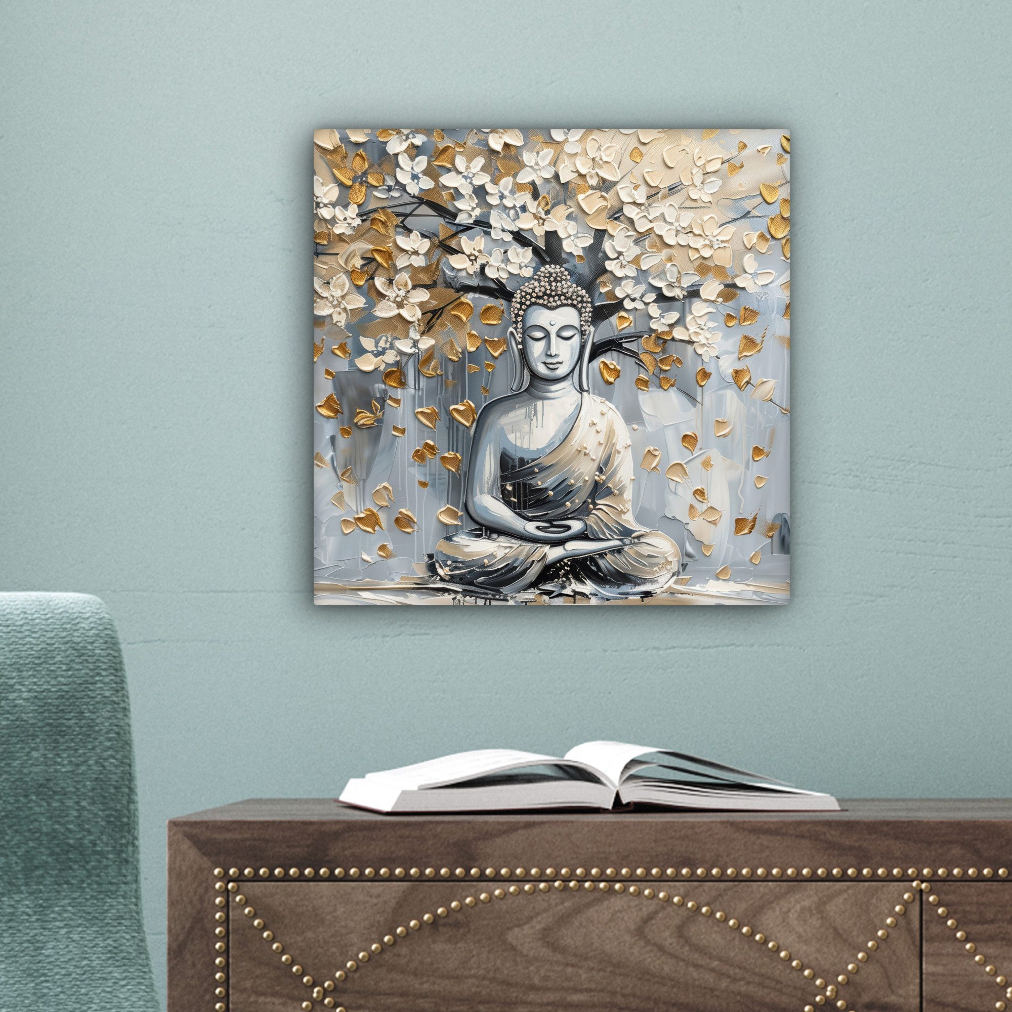 OneMillionCanvasses® Leinwandbild Buddha - Blumen - Baum - Gold - Modern, Fotodruck (1 St), Wandbild, Deko Schlafzimmer Wohnzimmer Flur 20x20 cm – Bild 3 von 5