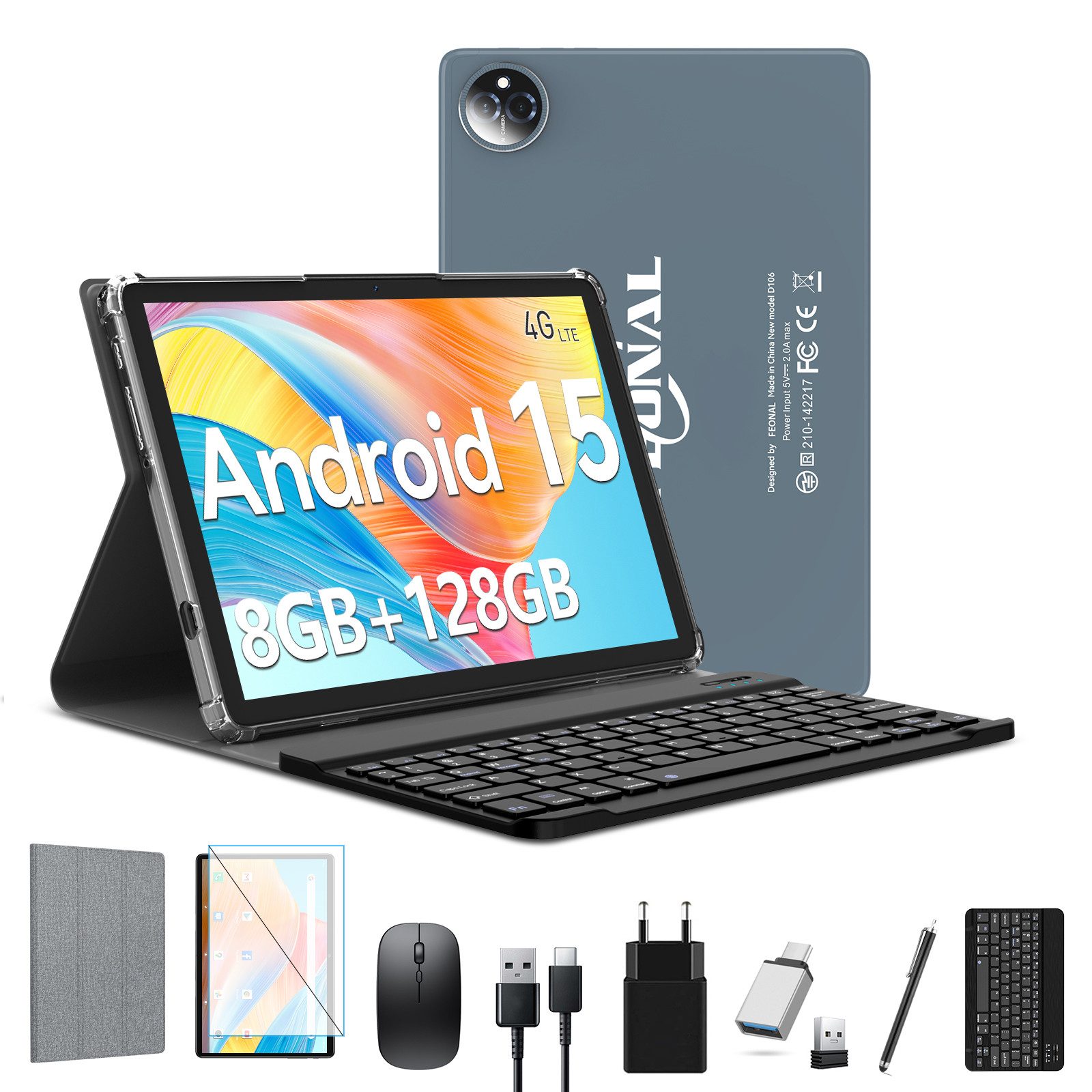FEONAL 2-in-1-Tablet, 8GB RAM + 128GB ROM (Erweiterbar auf 1TB) Tablet (10.1", 128 GB, Android 15, Dual-4G-Mobilfunk, Bluetooth 5.0, Tablet Pcs mit Tastatur, Maus und Stift, 8MP + 13MP)