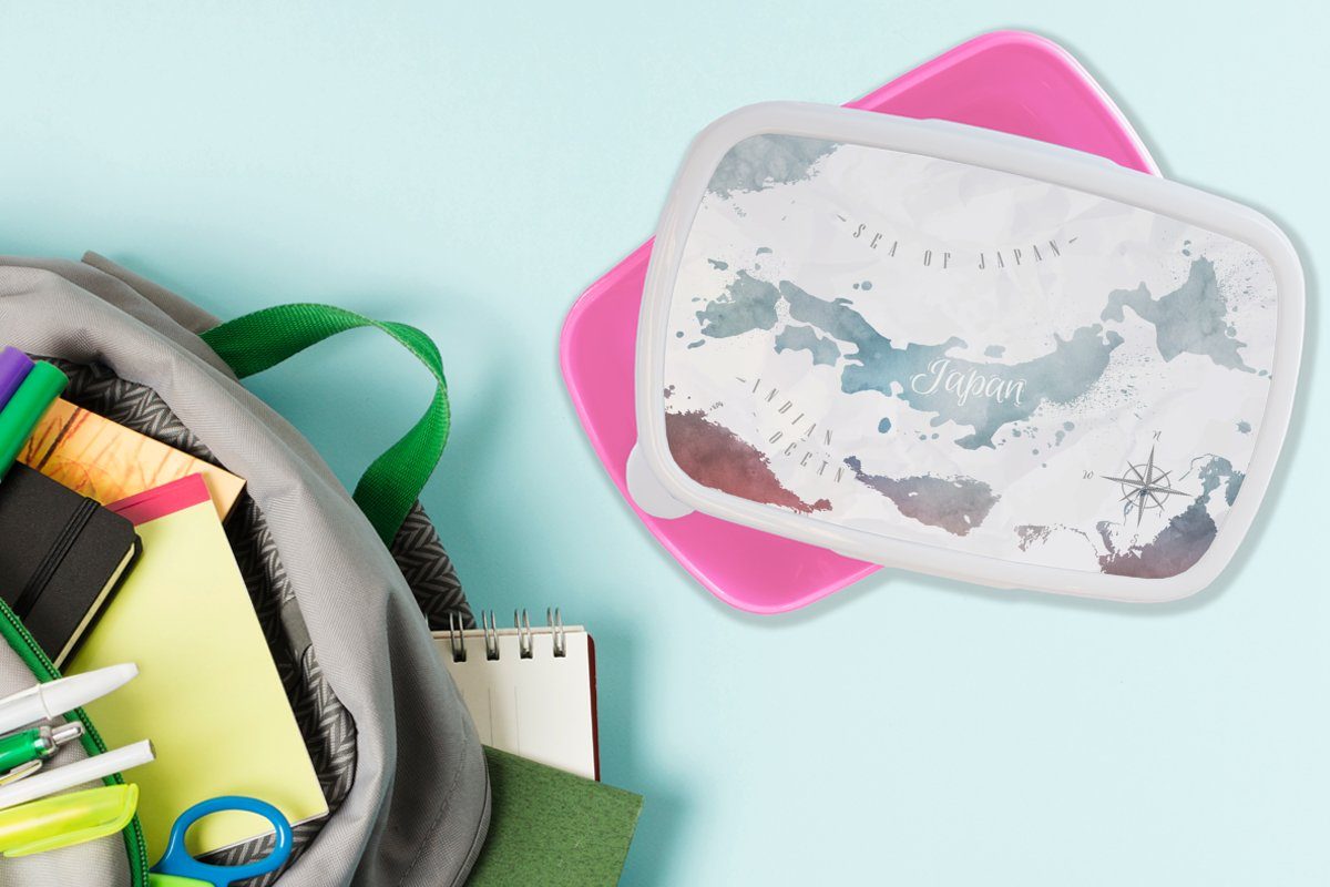 Mädchen, rosa (2-tlg), - Silber, Weltkarten Kunststoff, Brotdose Snackbox, Brotbox MuchoWow Japan - für Lunchbox Erwachsene, Kinder, Kunststoff
